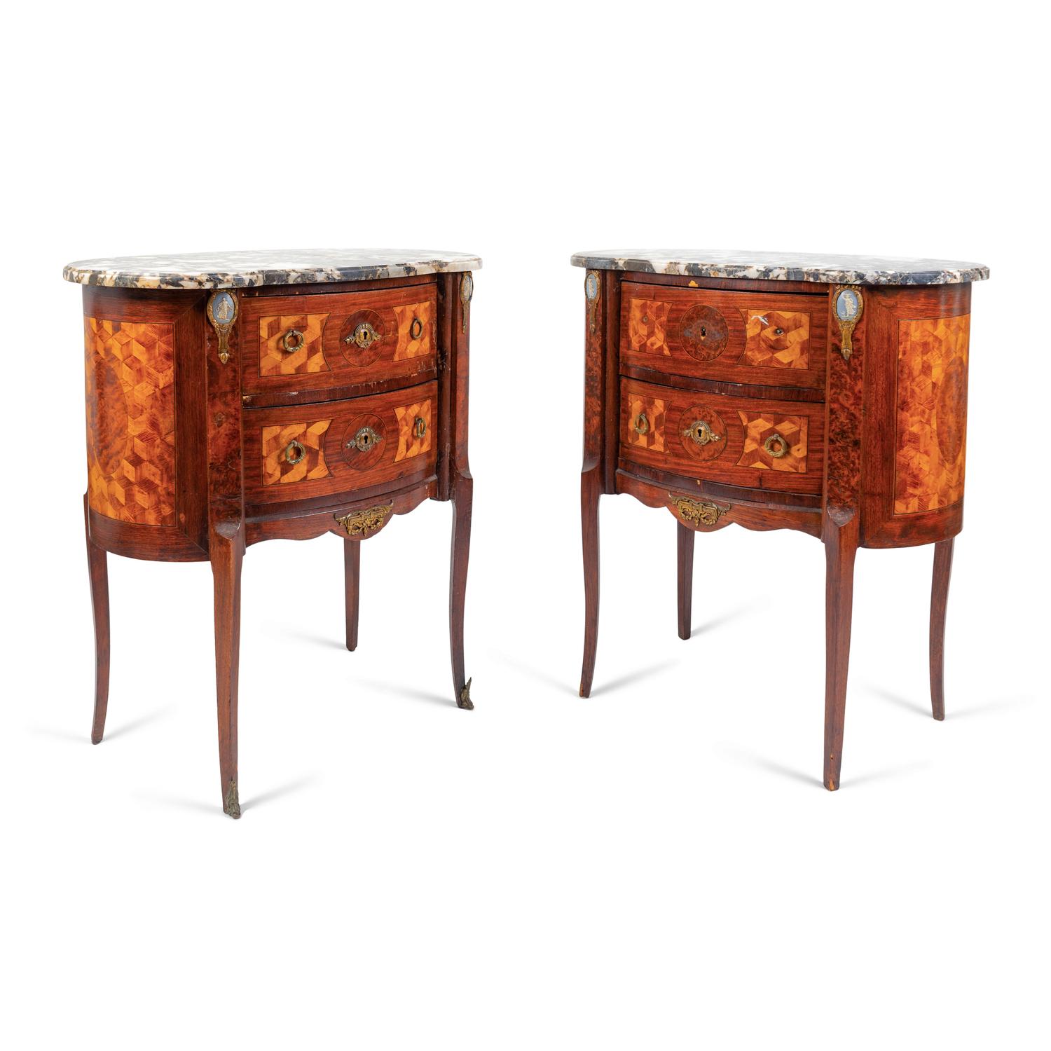 A Pair of Louis XV/XVI Transitional Style Parquetry Inlaid Marble Top Side Cabinets