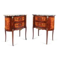 A Pair of Louis XV/XVI Transitional Style Parquetry Inlaid Marble Top Side Cabinets