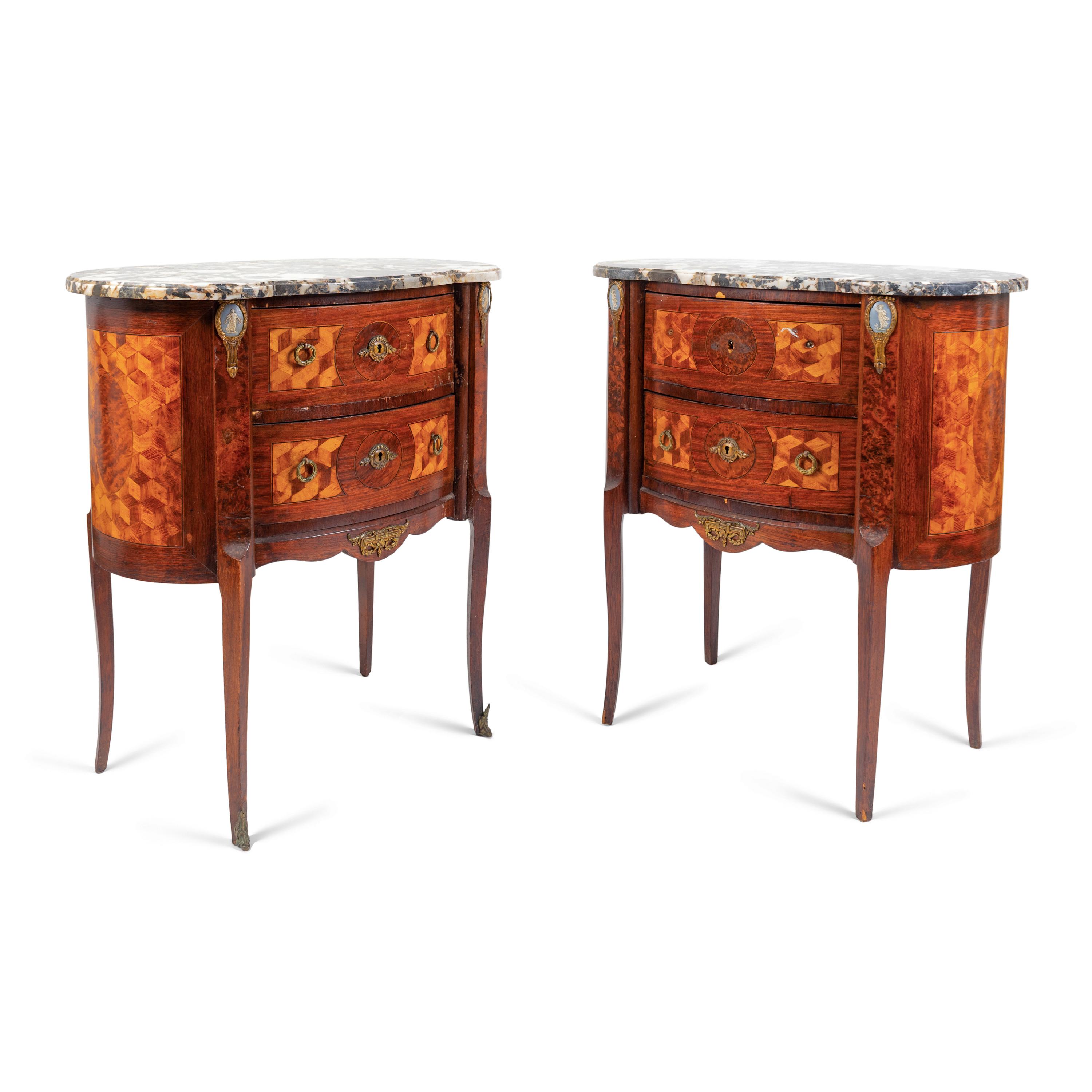 A Pair of Louis XV/XVI Transitional Style Parquetry Inlaid Marble Top Side Cabinets