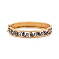 FRENCH, ANTIQUE, YELLOW GOLD, SYNTHETIC SAPPHIRE AND DIAMOND BANGLE BRACELET