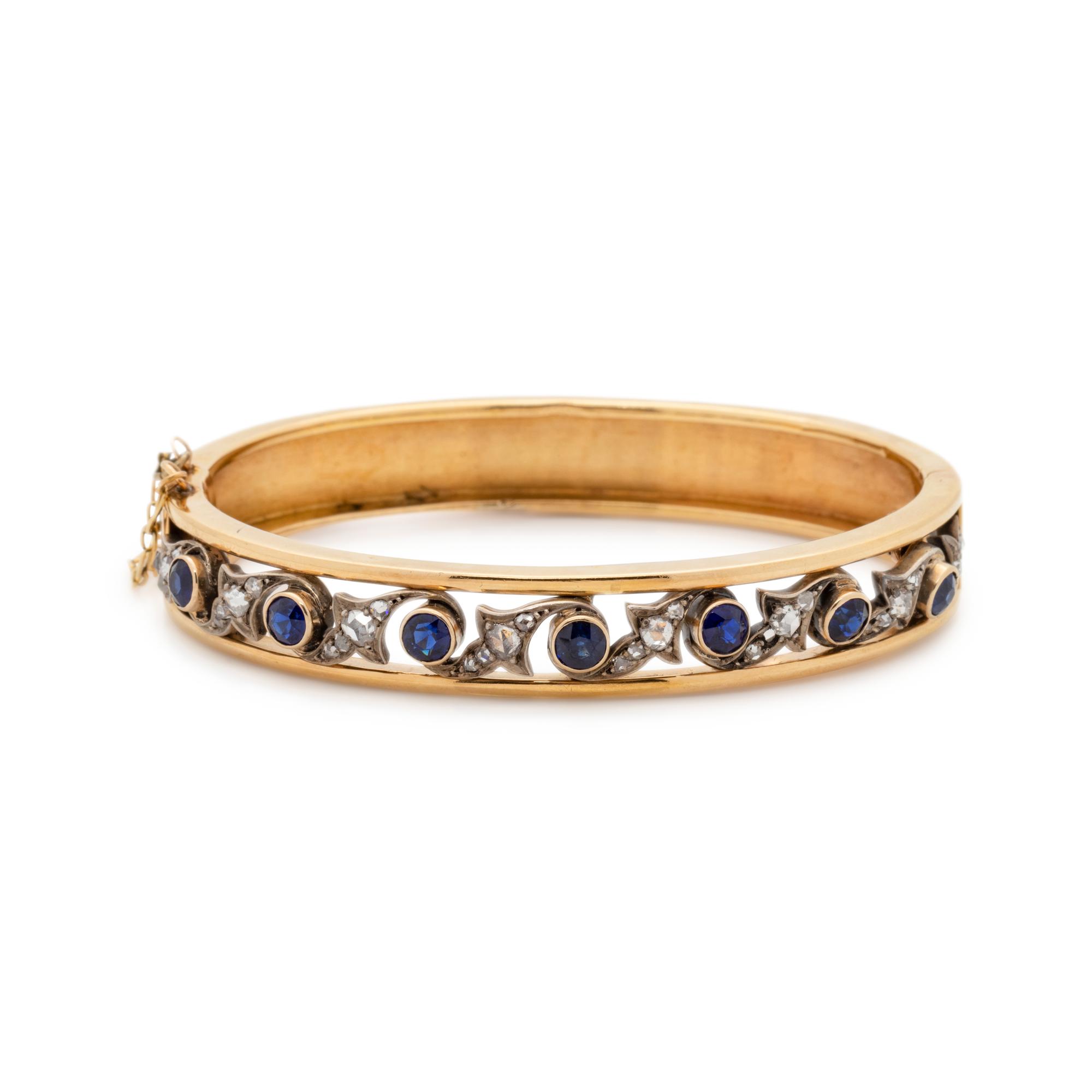FRENCH, ANTIQUE, YELLOW GOLD, SYNTHETIC SAPPHIRE AND DIAMOND BANGLE BRACELET