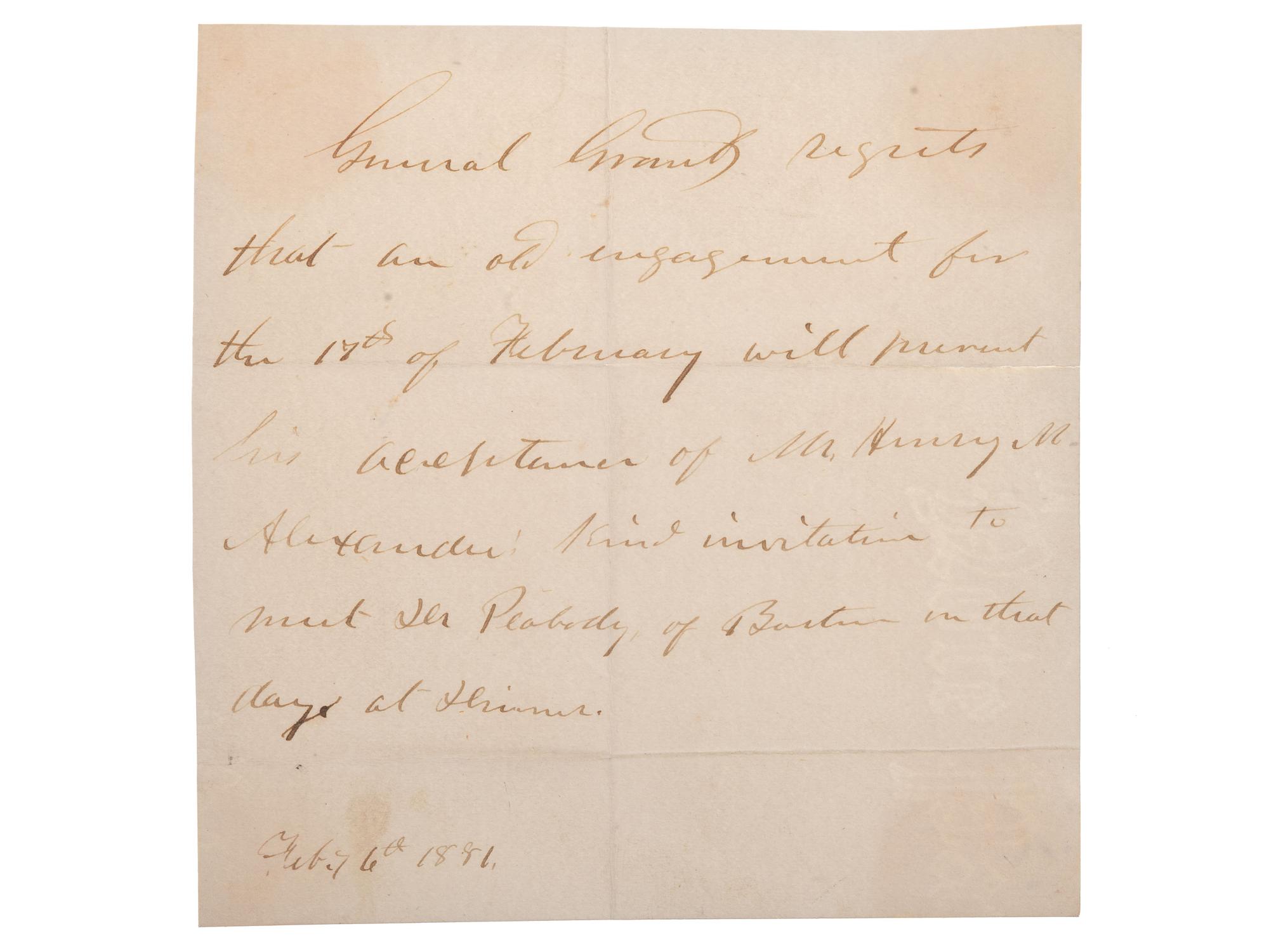 GRANT, Ulysses S (1822-1885). Autograph note of regret. 6 February 1881.