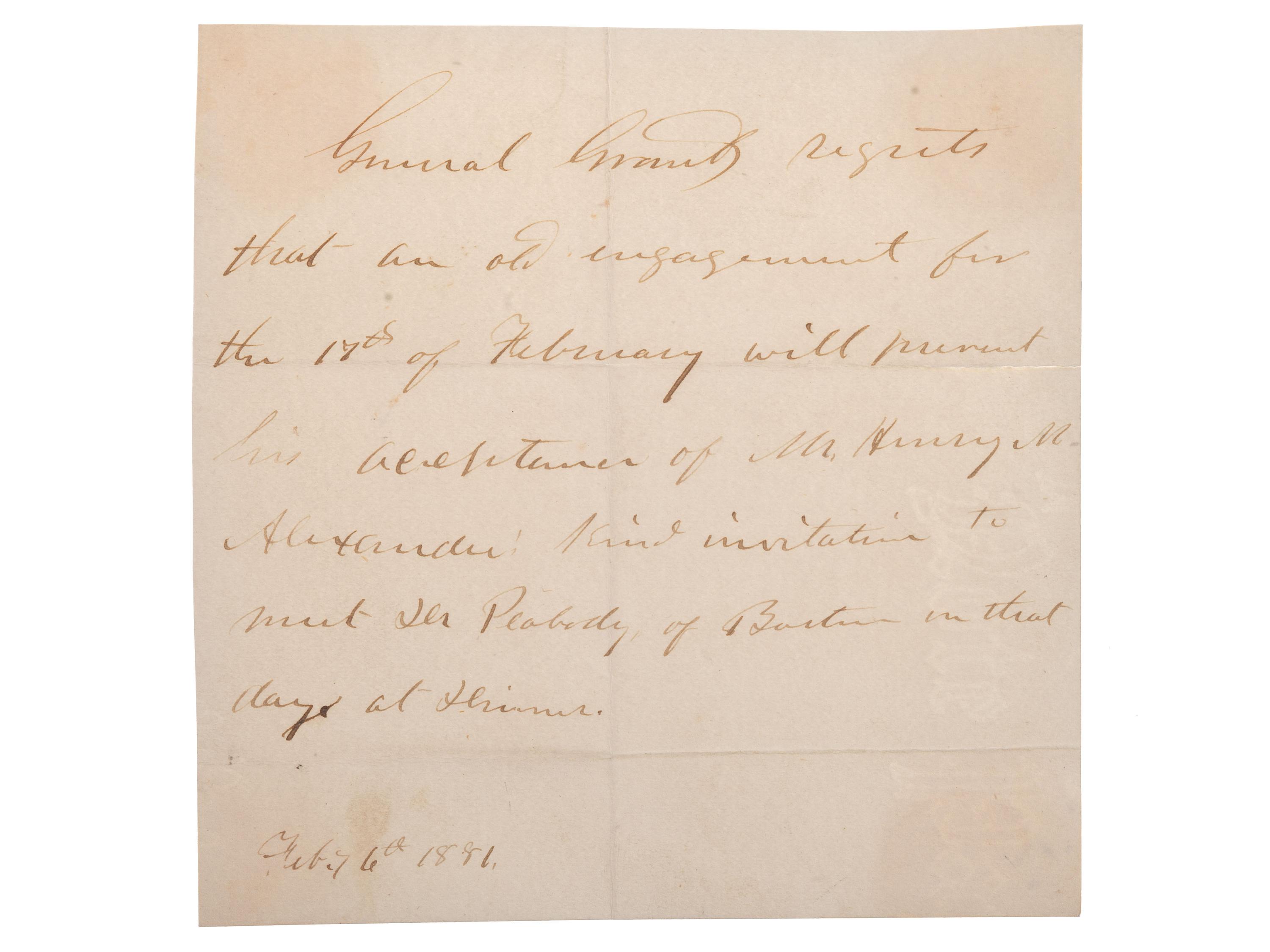 GRANT, Ulysses S (1822-1885). Autograph note of regret. 6 February 1881.