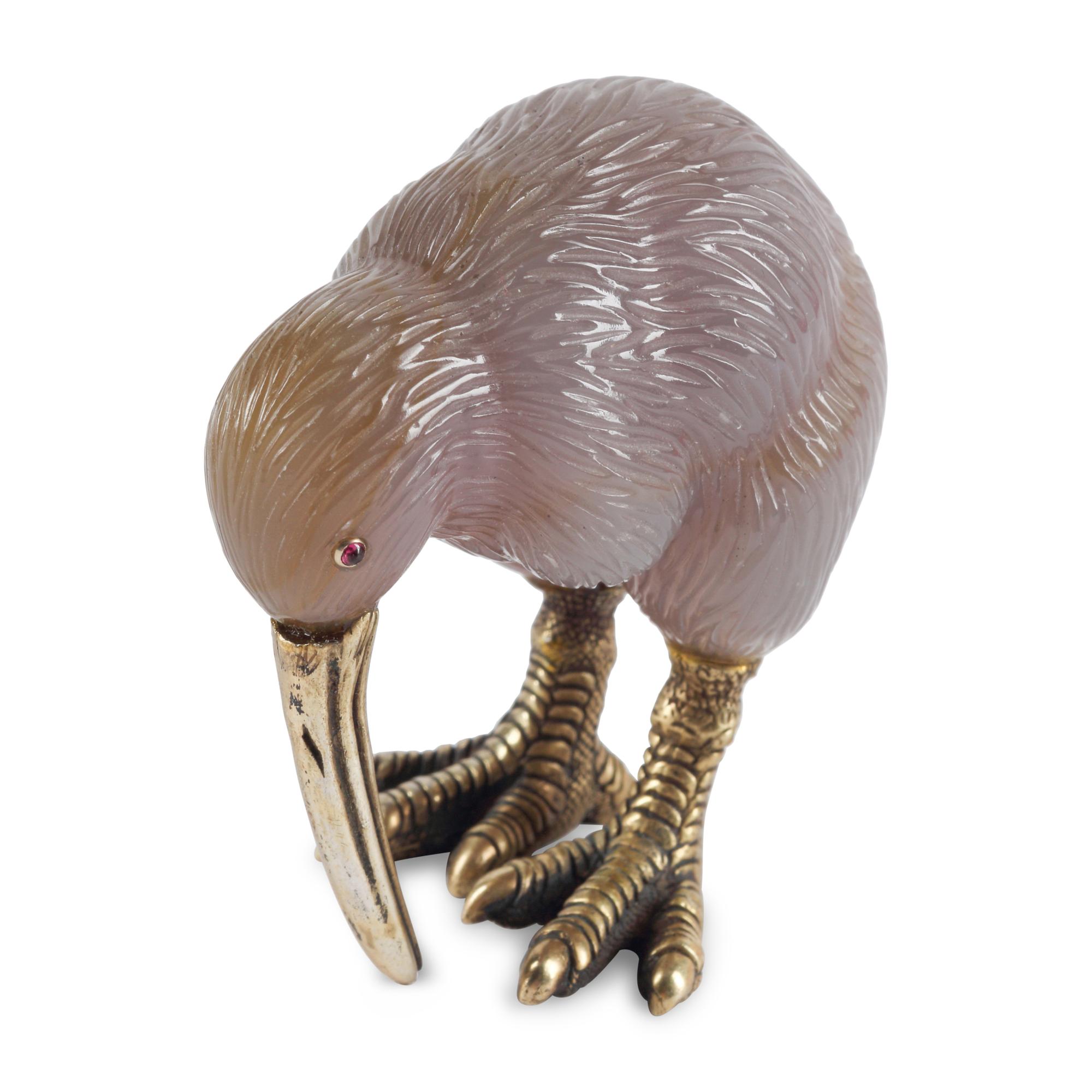 A Carved Agate, 14-Karat Gold and Cabochon Mounted Model of a Kiwi Bird