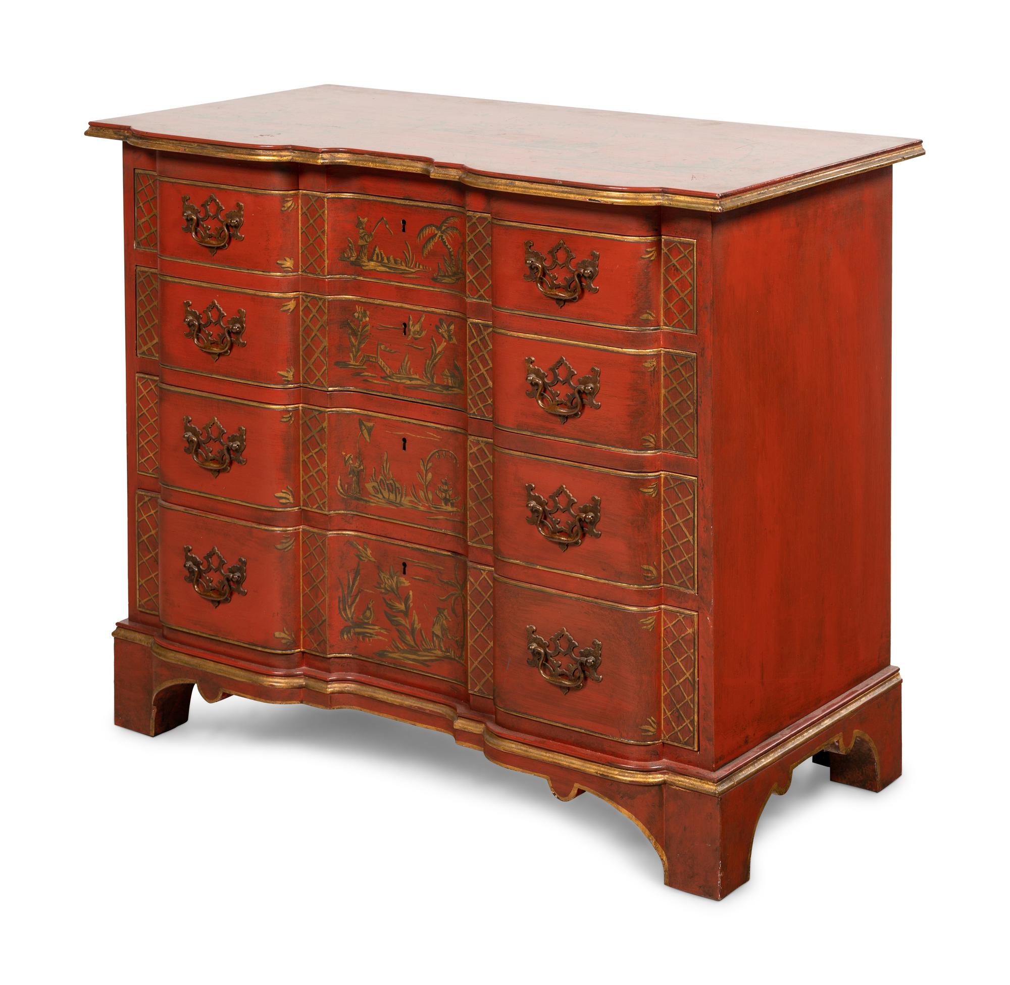 A Kittinger Old Dominion Red Japanned Chippendale Style Chest of Drawers