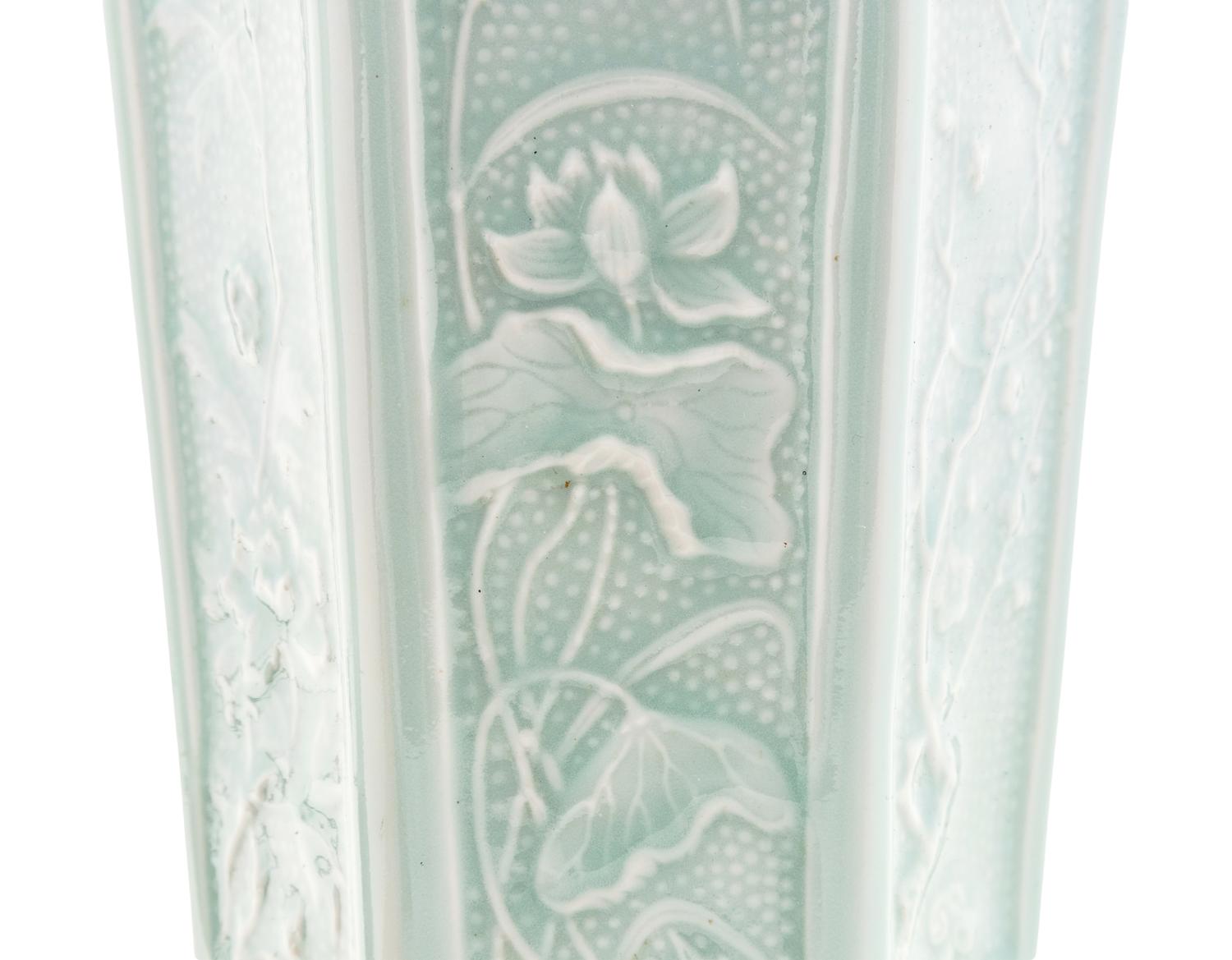 A Pair of Celadon Glazed Porcelain Vases Mounted as Lamps
