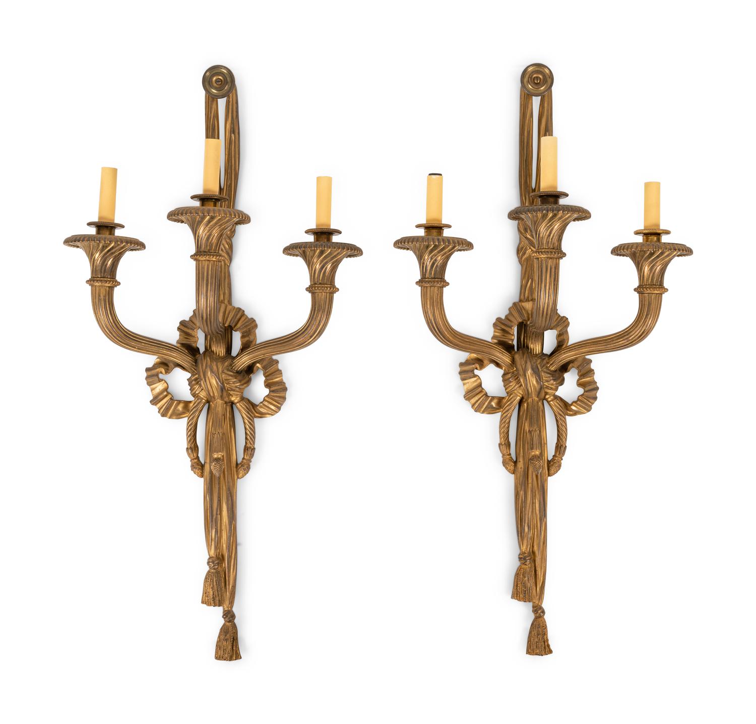 A Pair of Louis XVI Style Gilt Bronze Three-Light Sconces