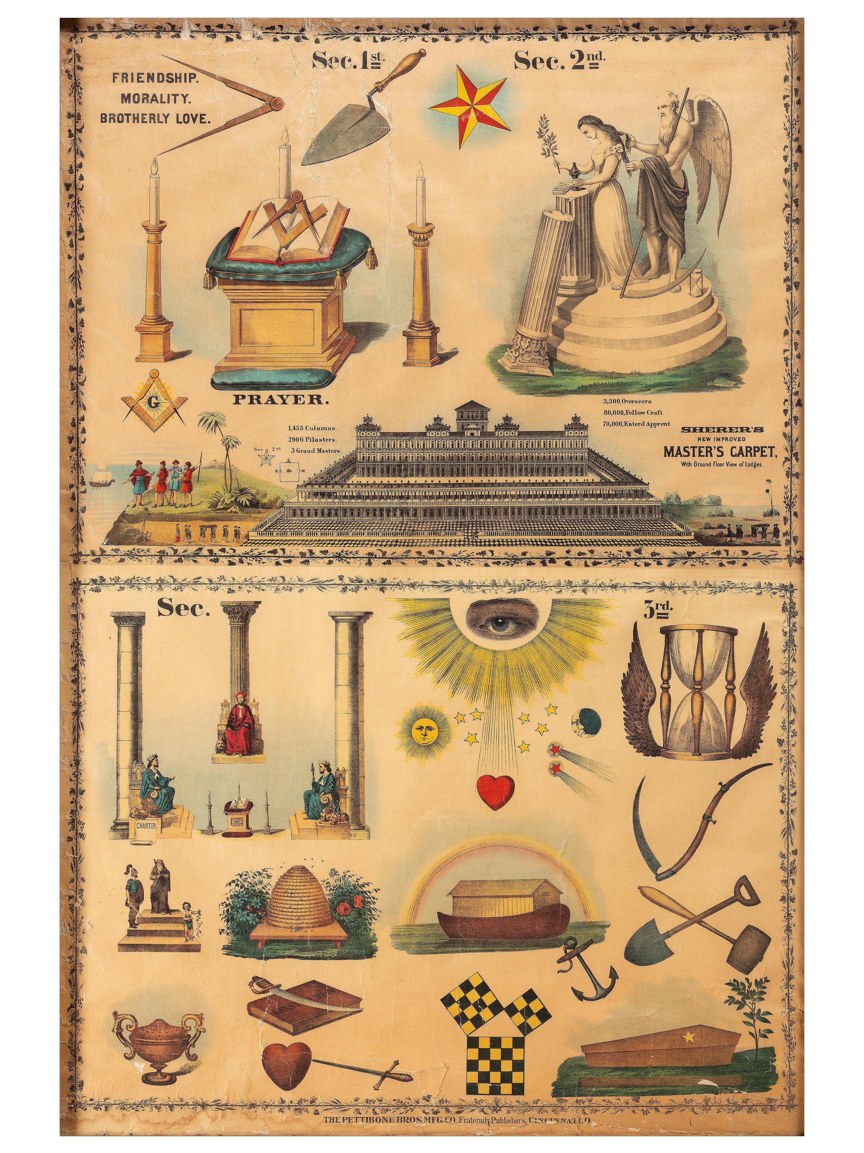 [FRATERNAL ORGANIZATIONS]. A group of Masonic items incl. 3 large framed prints, sashes, and 3 linked signs.
