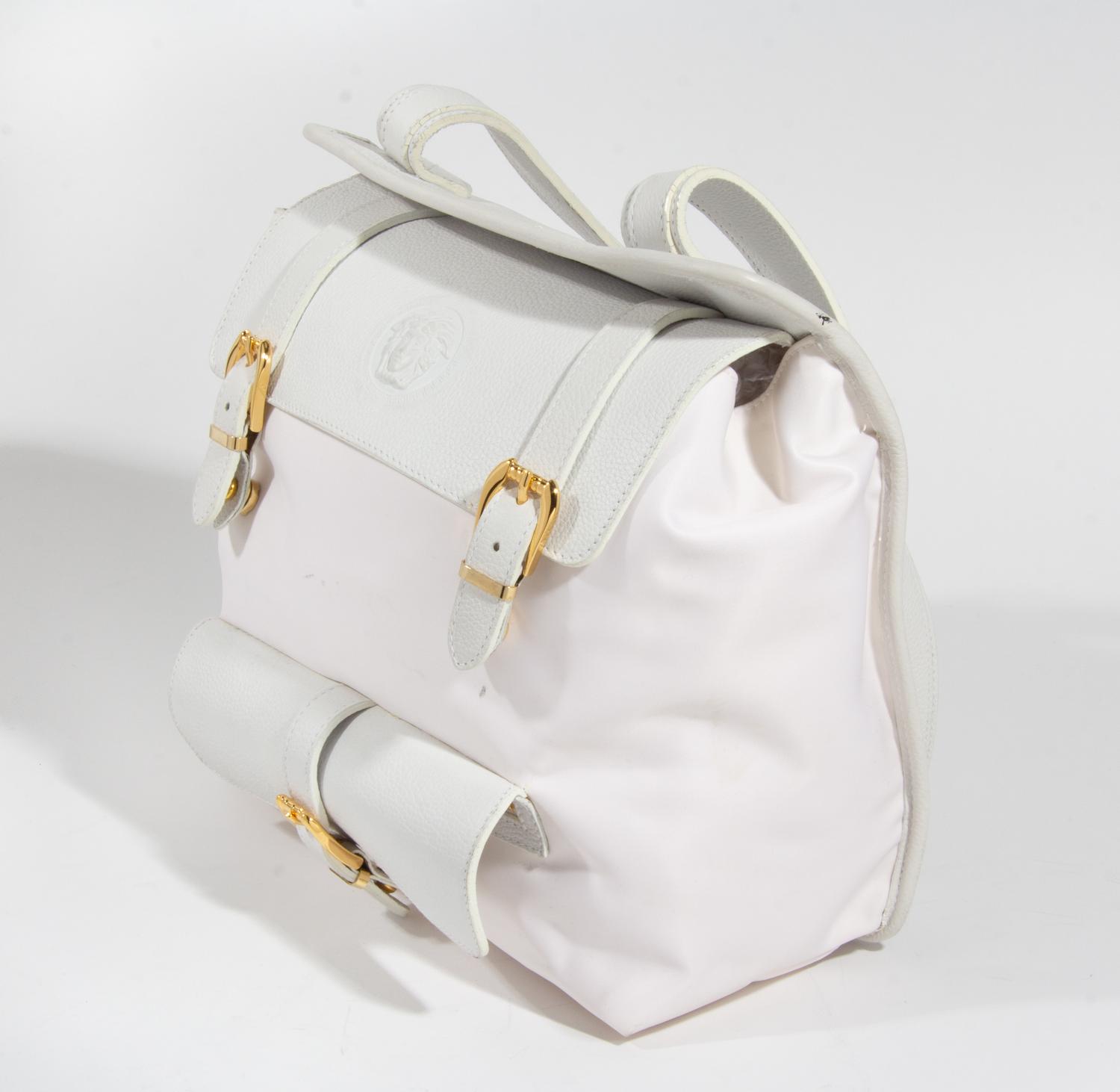 A Gianni Versace White Leather and Nylon Backpack, 11.5" x 10.5" x 4.5".