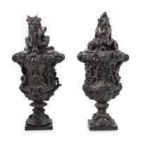 A Pair of Grand Tour Bronze Ewers Emblematic of Water and Earth