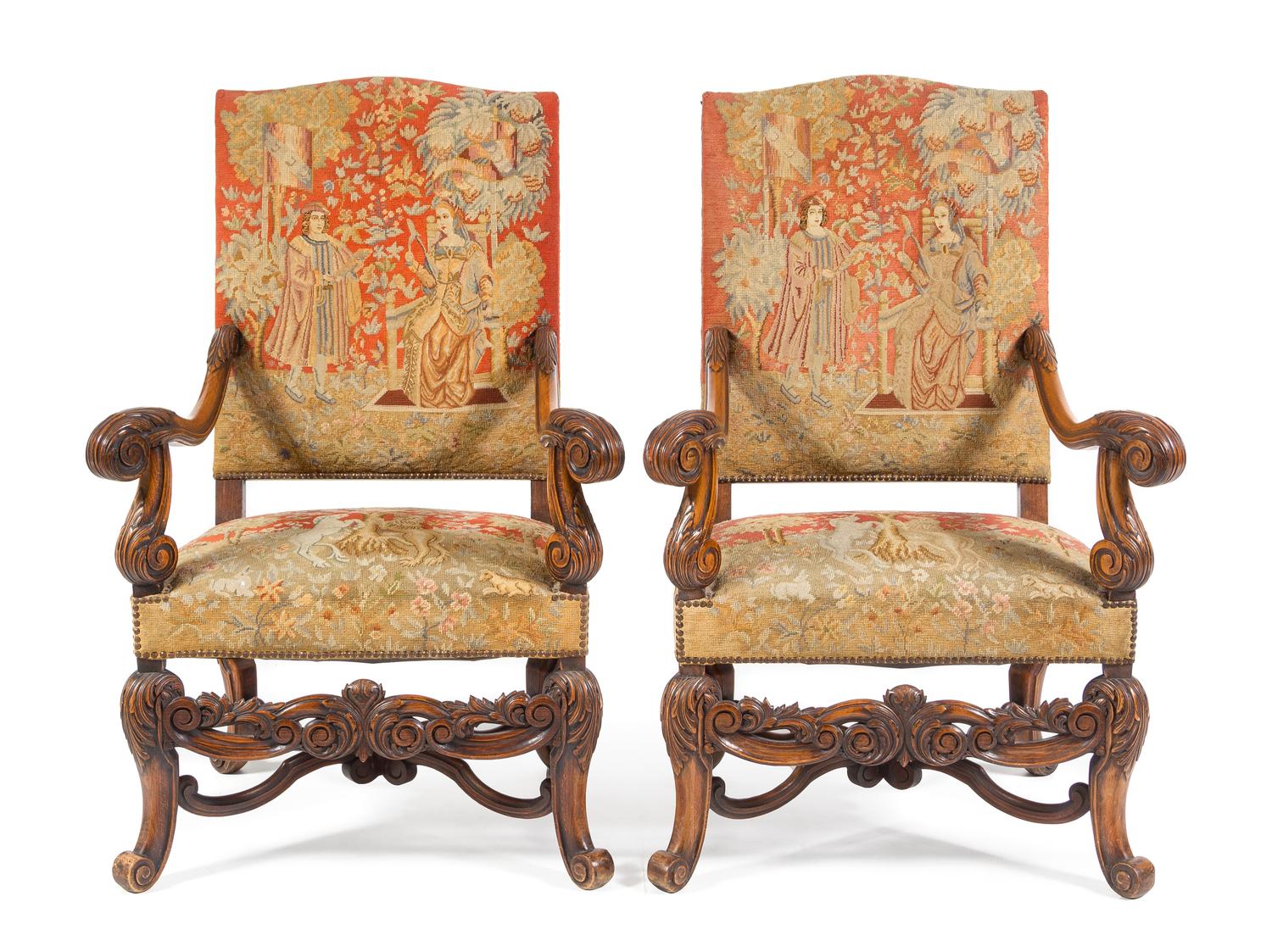 A Pair of Flemish Baroque Style Walnut Armchairs Height 44 3/4 inches. — 19TH CENTURY