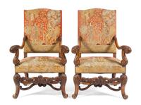 A Pair of Flemish Baroque Style Walnut Armchairs Height 44 3/4 inches. — 19TH CENTURY