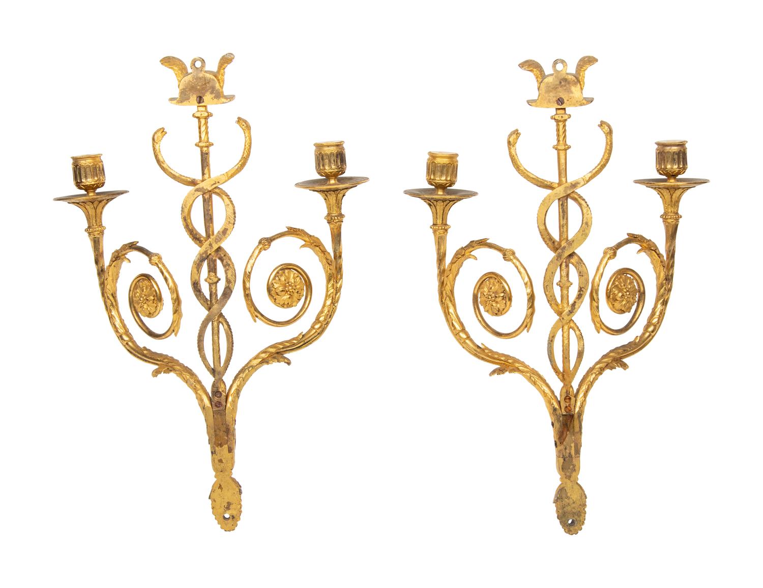 A Pair of Late Louis XVI Gilt Bronze Two-Light Wall Sconces