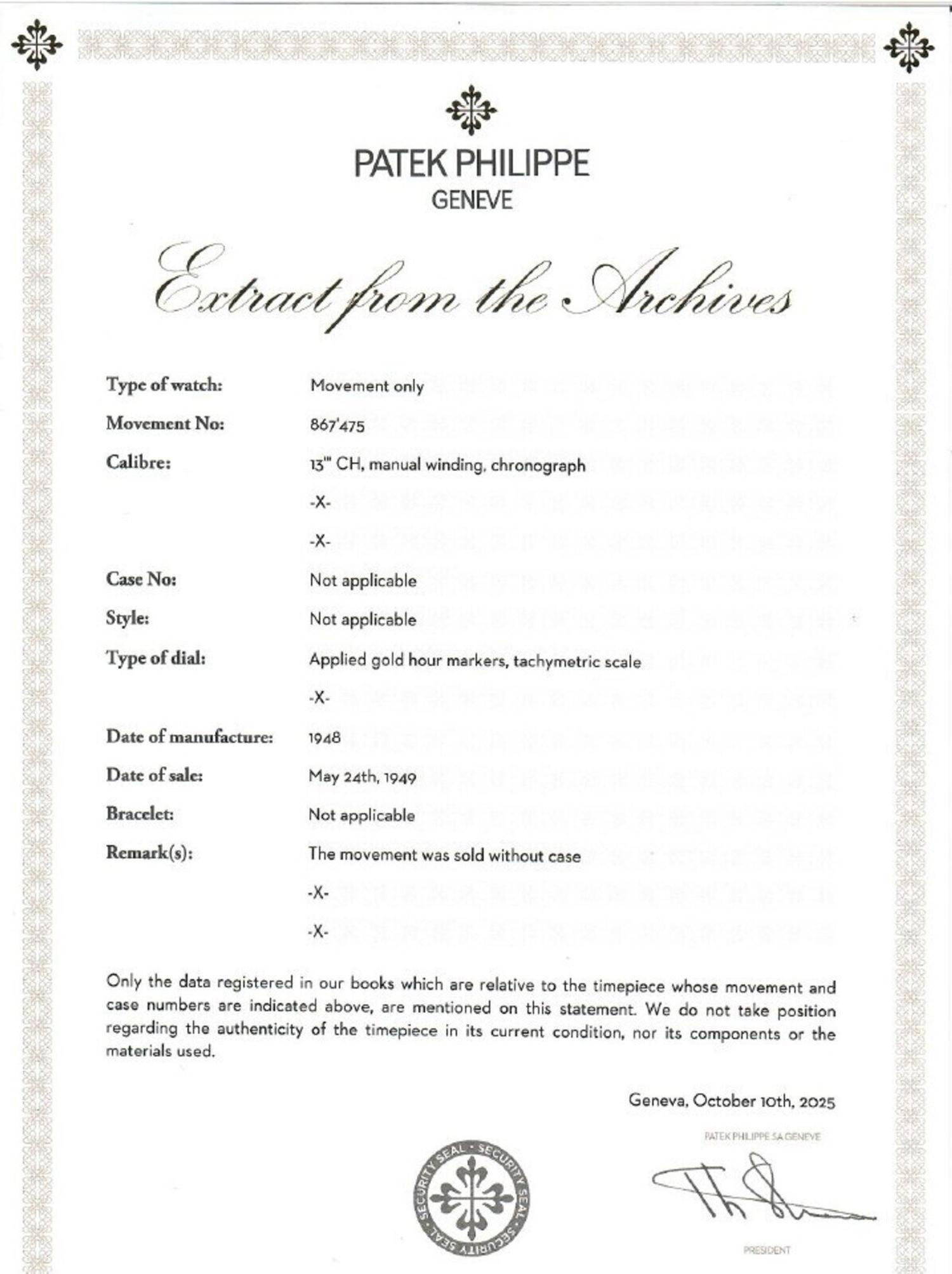 PATEK PHILIPPE, AN 18K YELLOW GOLD CHRONOGRAPH WATCH, EXTRACT FROM THE ARCHIVES & PATEK SERVICE PAPERWORK