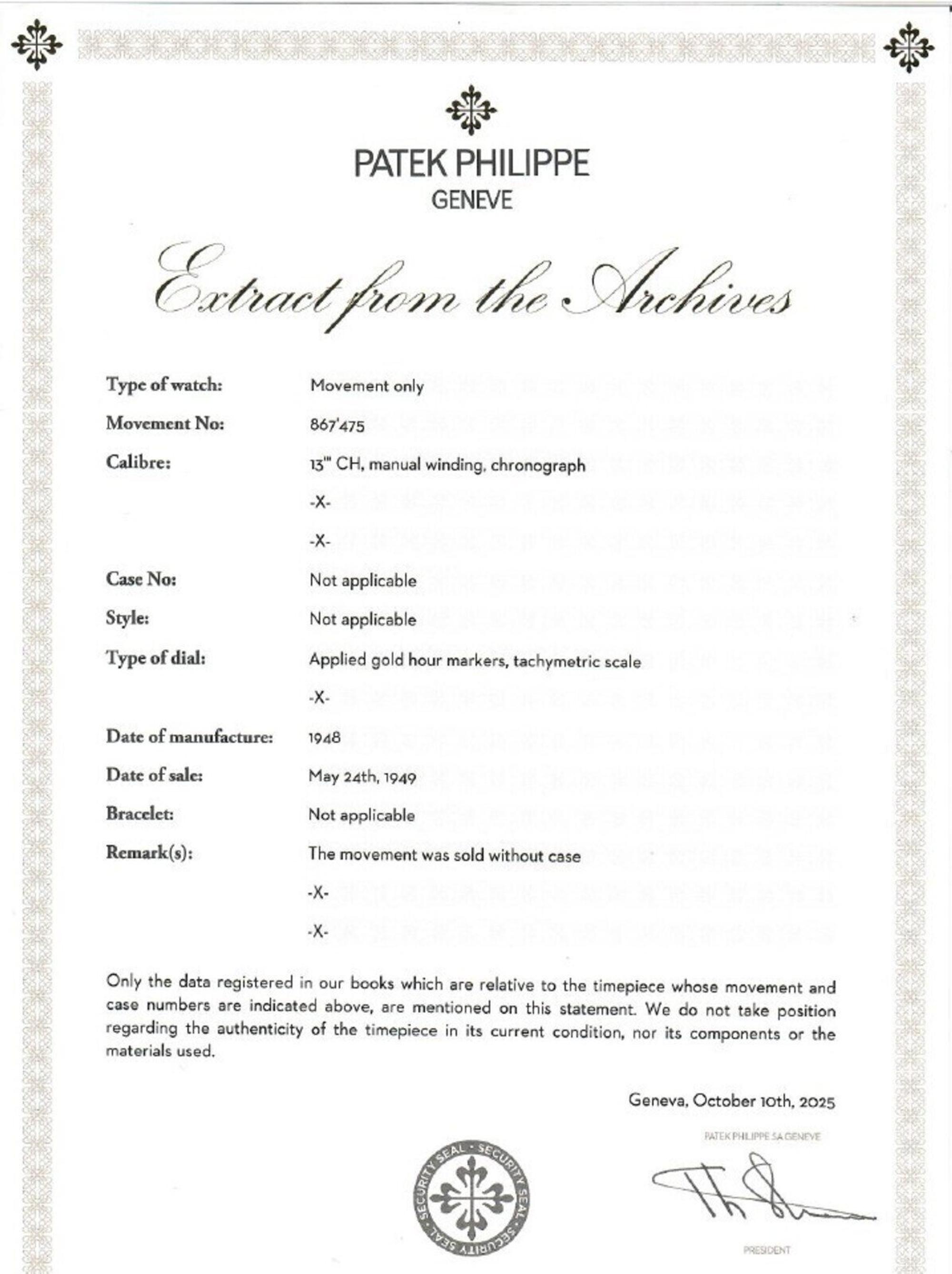 PATEK PHILIPPE, AN 18K YELLOW GOLD CHRONOGRAPH WATCH, EXTRACT FROM THE ARCHIVES & PATEK SERVICE PAPERWORK