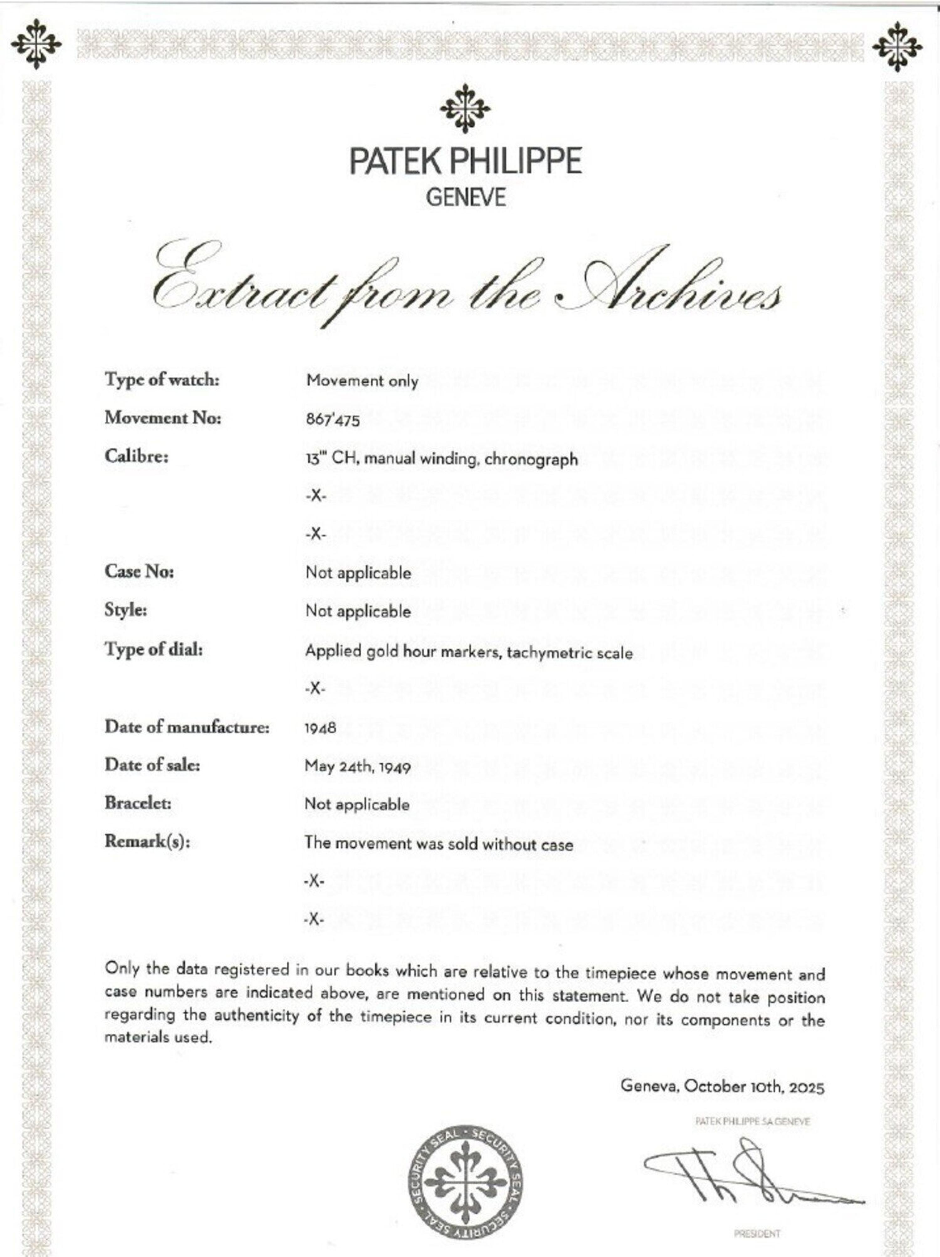 PATEK PHILIPPE, AN 18K YELLOW GOLD CHRONOGRAPH WATCH, EXTRACT FROM THE ARCHIVES & PATEK SERVICE PAPERWORK