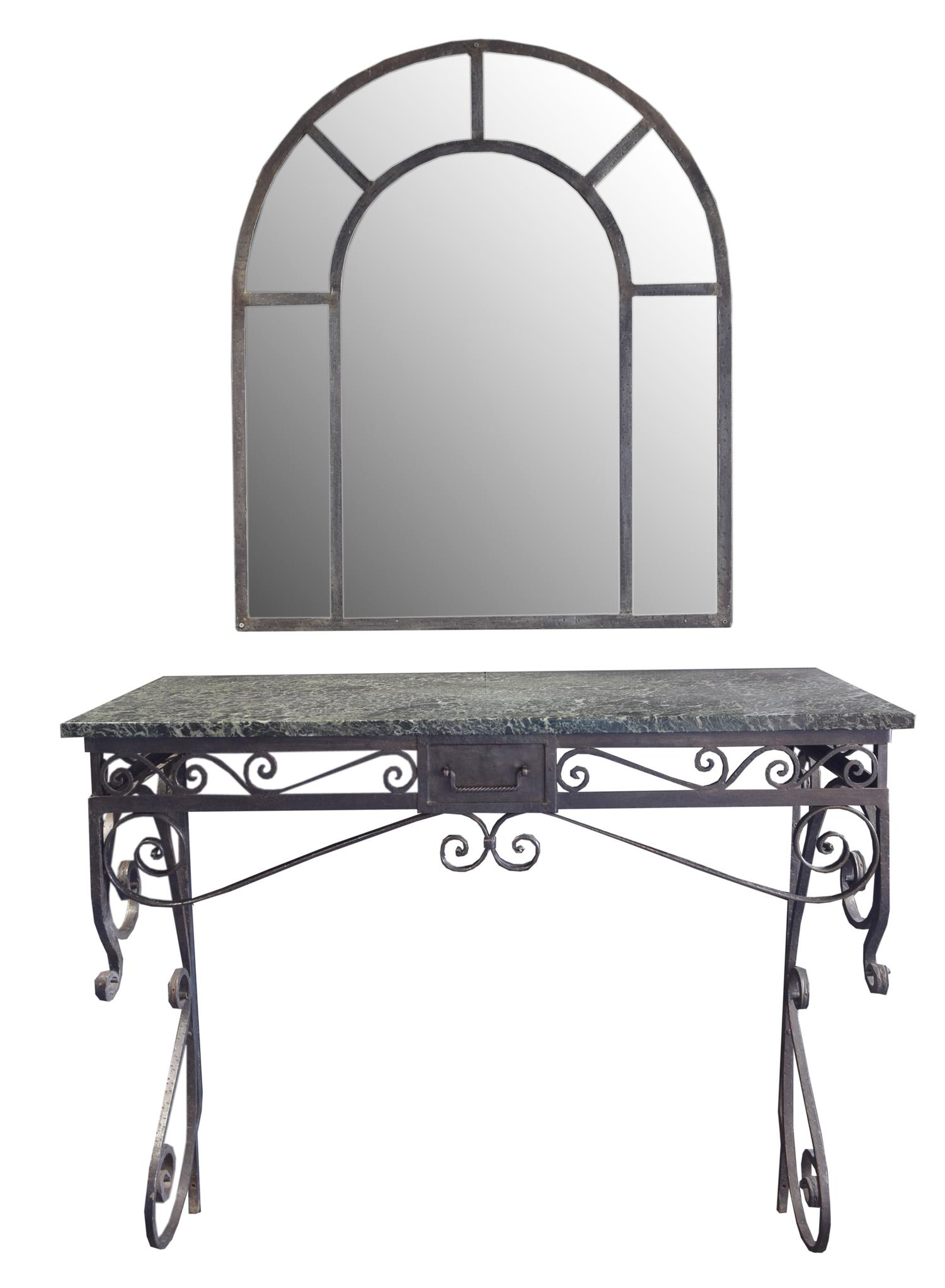 A Wrought Iron Console from the Florsheim Estate, Highland Park, IL. Vanity: 48" w x20" d x 41.5" tall Mirror: 36" w x 1" d x 42" tall — United States, Early 20th Century