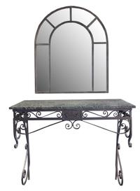 A Wrought Iron Console from the Florsheim Estate, Highland Park, IL. Vanity: 48" w x20" d x 41.5" tall Mirror: 36" w x 1" d x 42" tall — United States, Early 20th Century