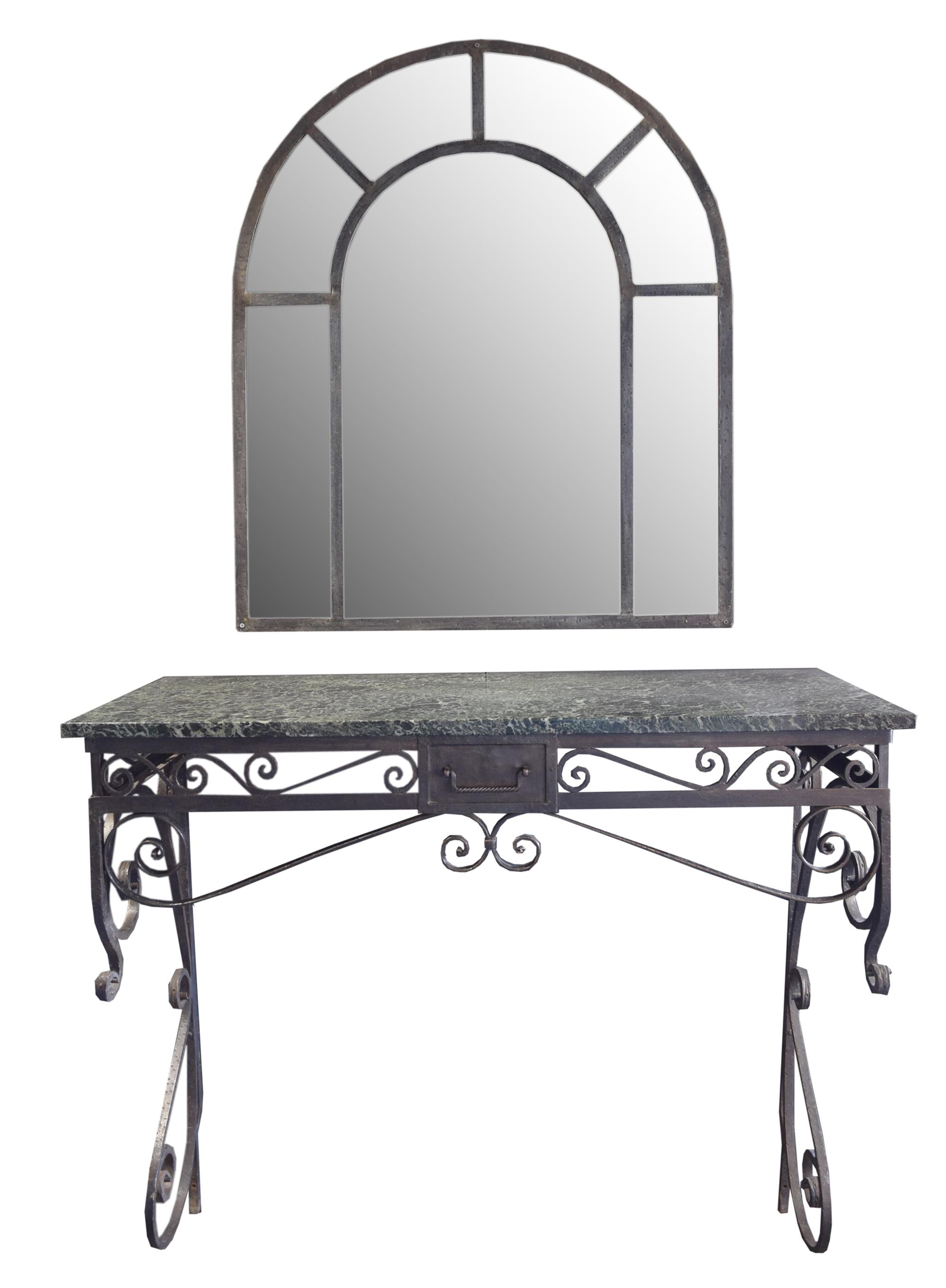 A Wrought Iron Console from the Florsheim Estate, Highland Park, IL. Vanity: 48" w x20" d x 41.5" tall Mirror: 36" w x 1" d x 42" tall — United States, Early 20th Century