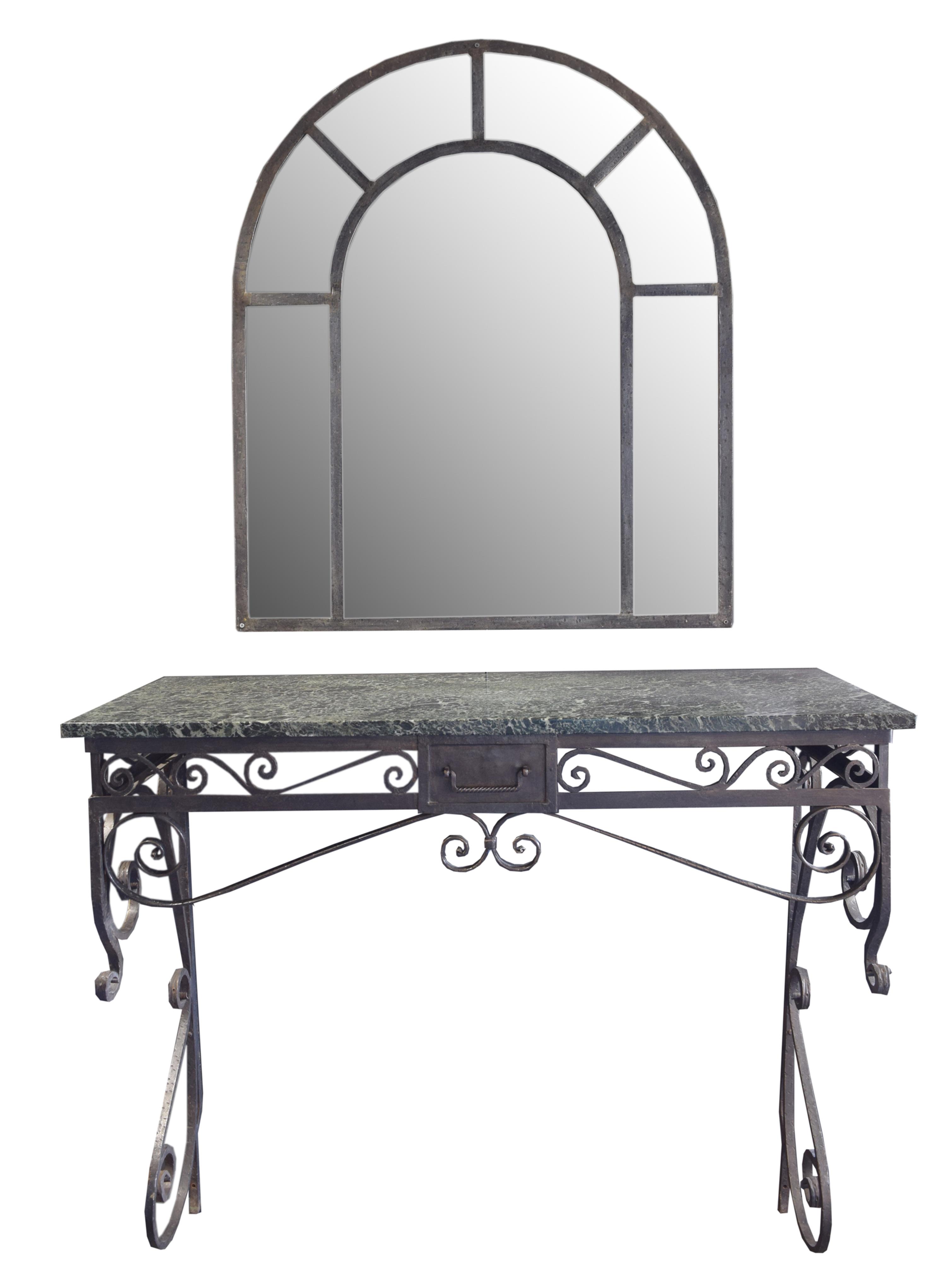 A Wrought Iron Console from the Florsheim Estate, Highland Park, IL. Vanity: 48" w x20" d x 41.5" tall Mirror: 36" w x 1" d x 42" tall — United States, Early 20th Century