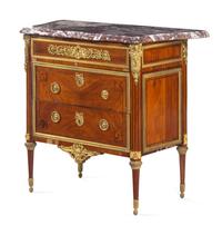 A Louis XVI Gilt Bronze Mounted Tulipwood Commode with an Unassociated Marble Top