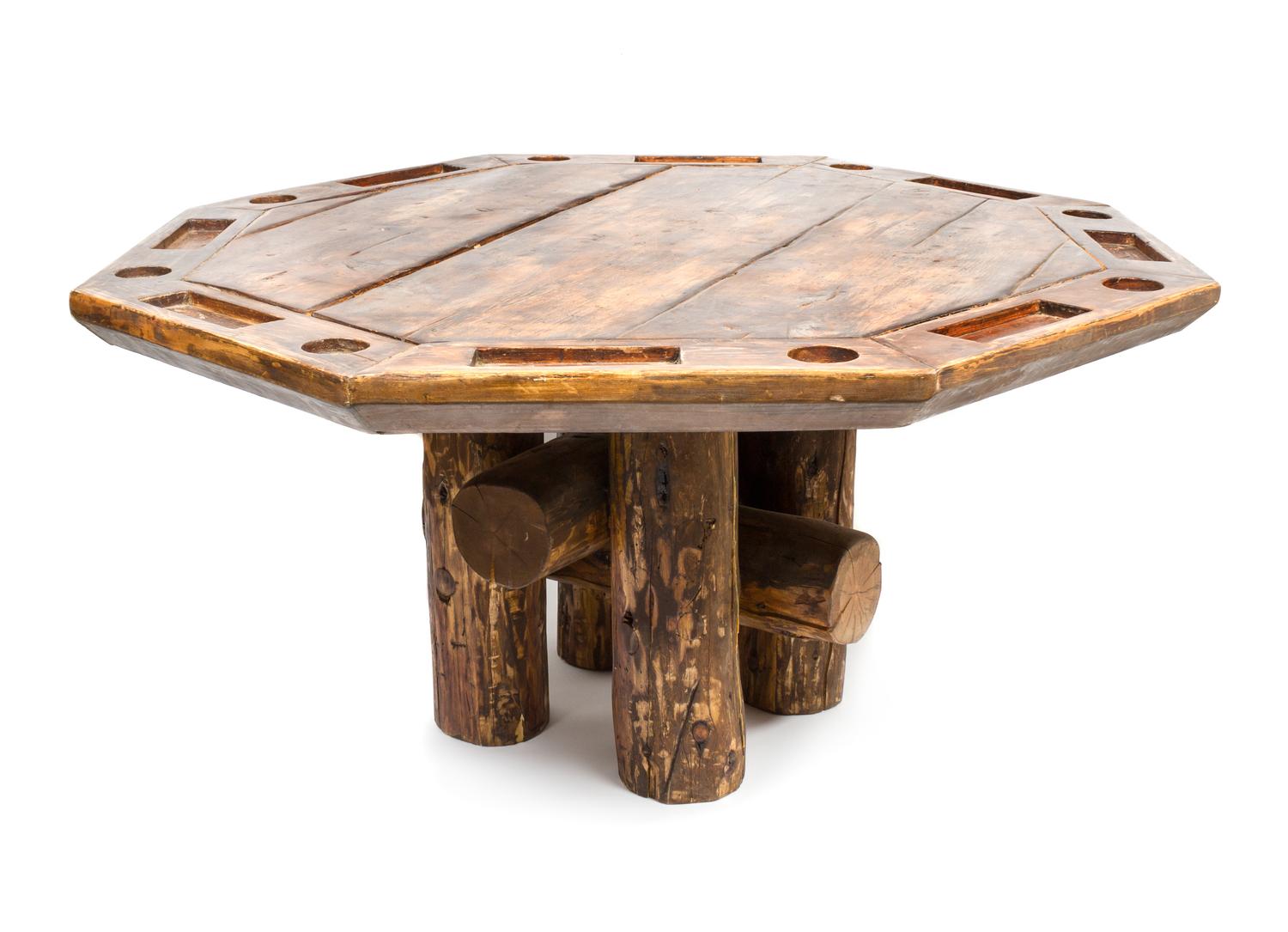 A Rustic Log Poker Table Height 30 x diameter 60 inches.