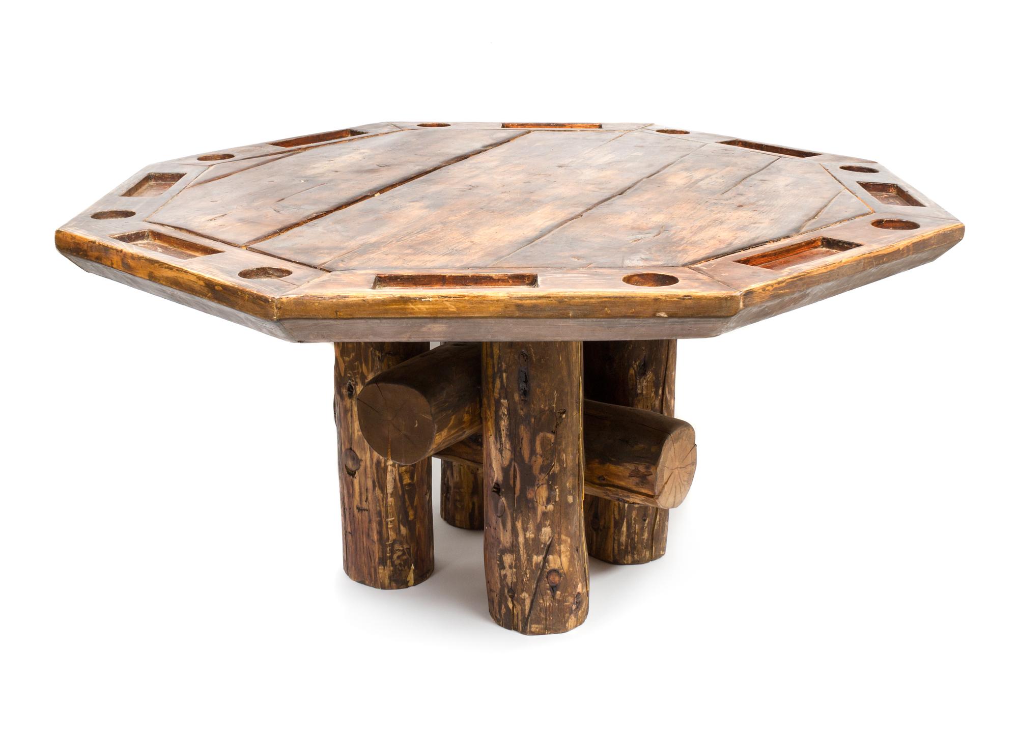 A Rustic Log Poker Table Height 30 x diameter 60 inches.
