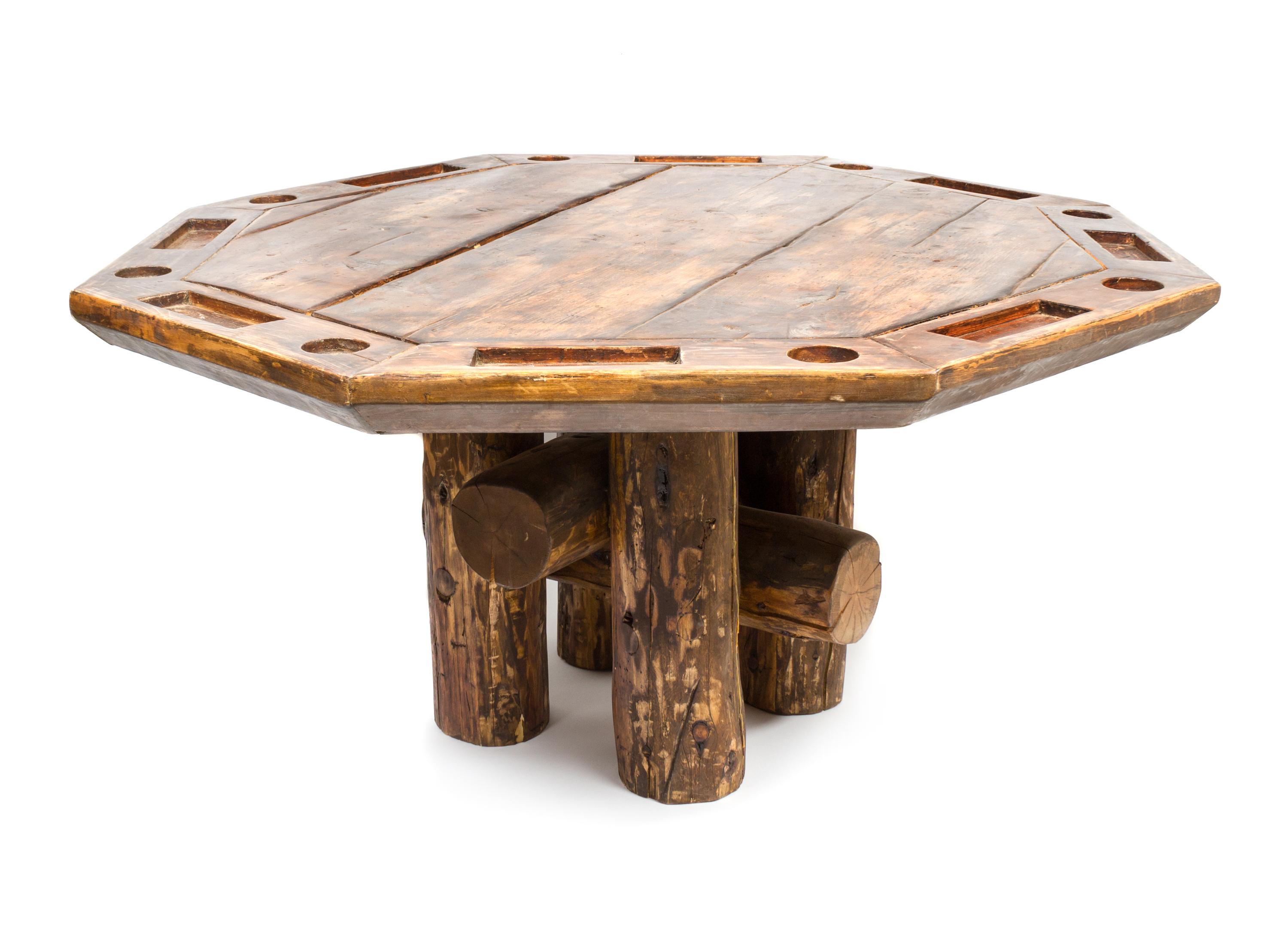 A Rustic Log Poker Table Height 30 x diameter 60 inches.