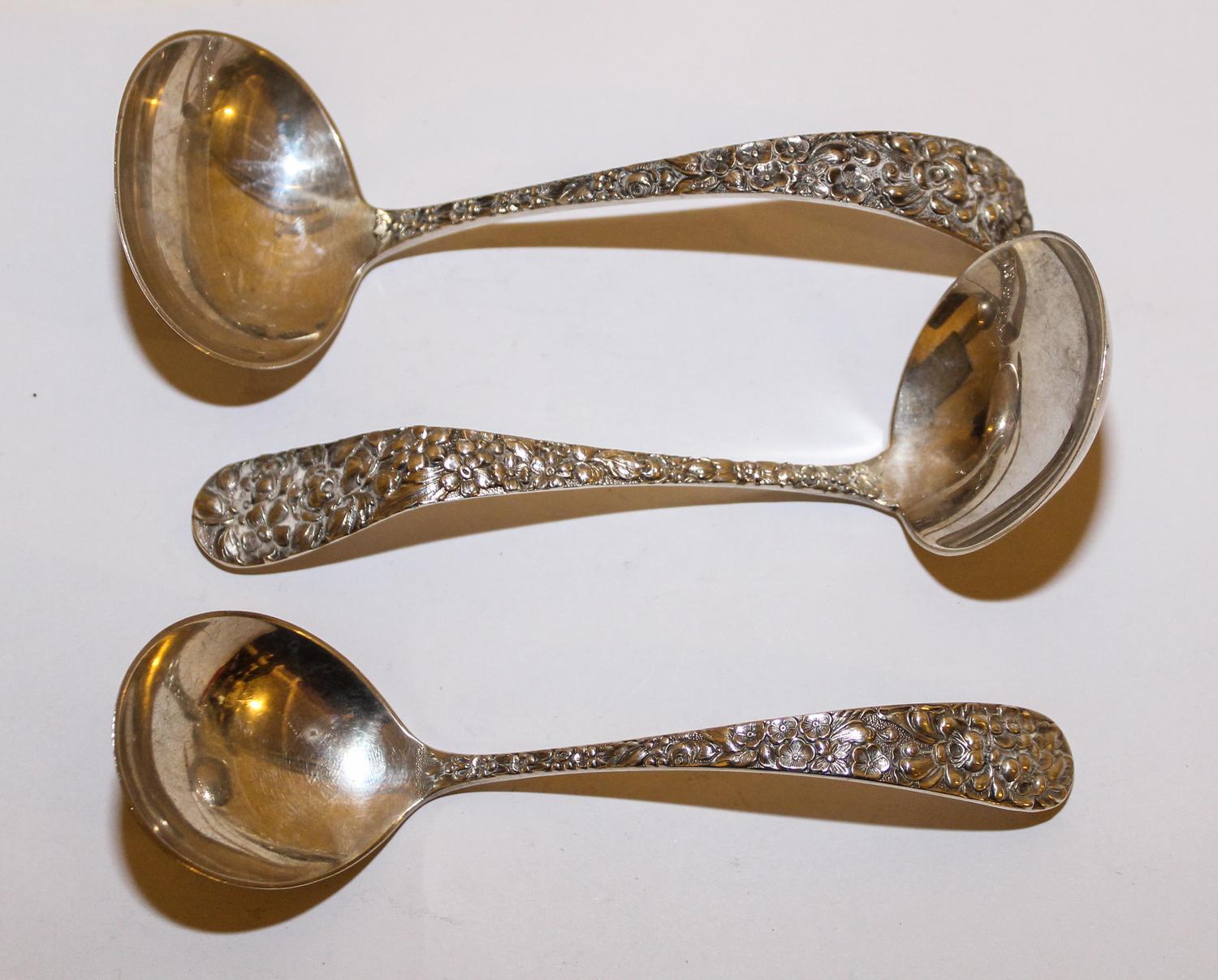 Three American Silver Sauce Ladles, Stieff Co., Baltimore, MD, two with monograms.