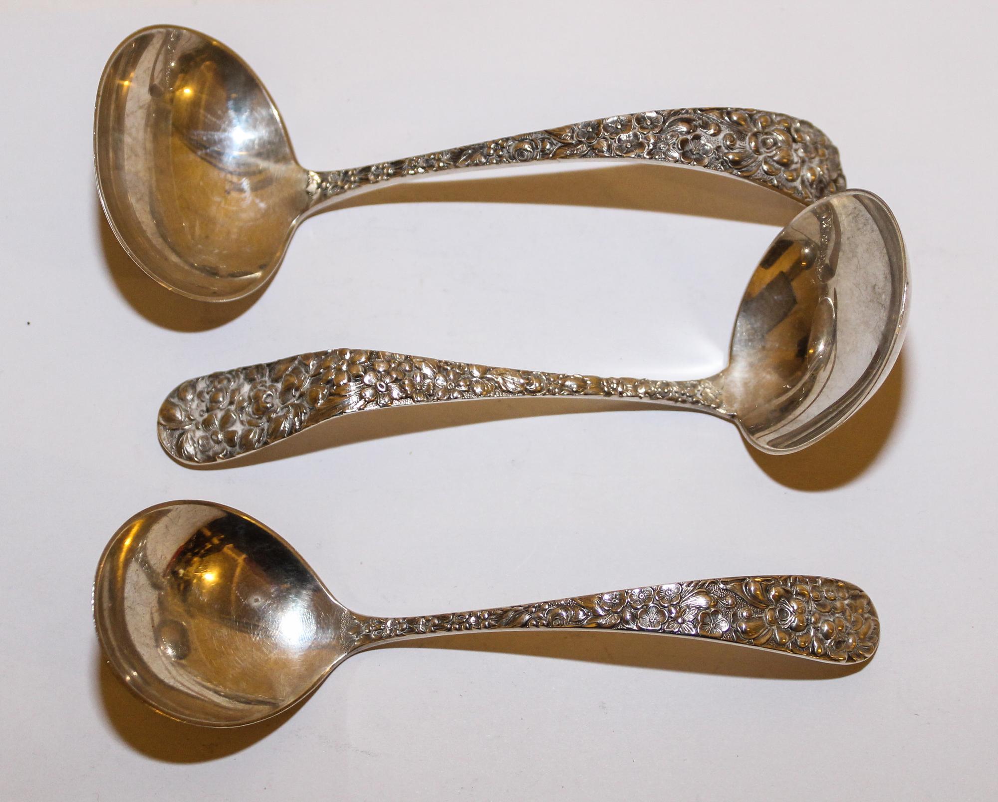 Three American Silver Sauce Ladles, Stieff Co., Baltimore, MD, two with monograms.