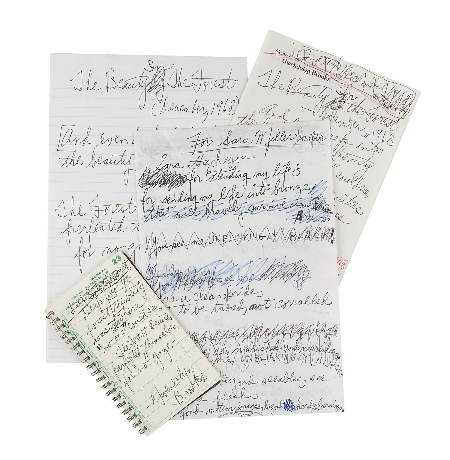 BROOKS, Gwendolyn (1917-2000). 4 autograph draft poems or notes signed ("Gwendolyn Brooks"), with numerous corrections and emendations, December 1968 and May 19, 1994. Together 5 pages, 8vo and 12mo .