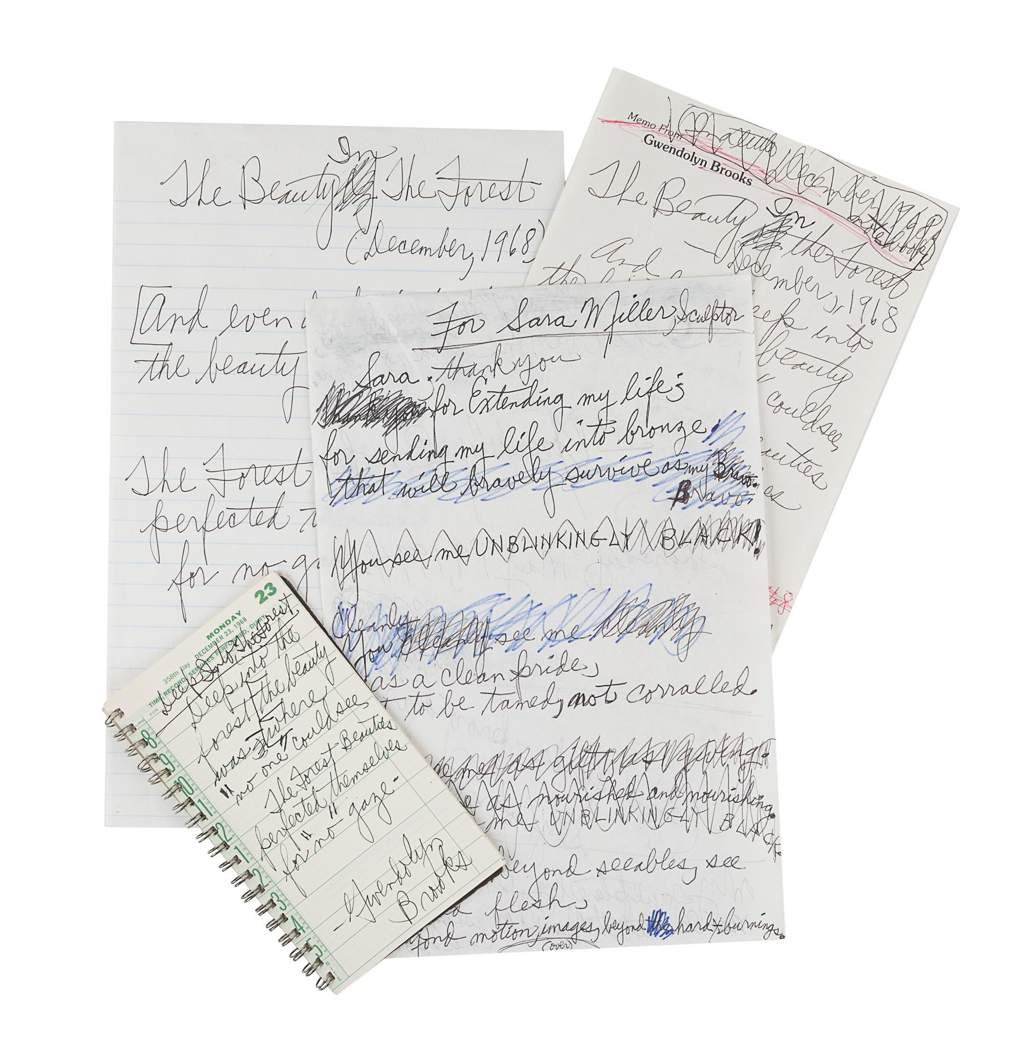 BROOKS, Gwendolyn (1917-2000). 4 autograph draft poems or notes signed ("Gwendolyn Brooks"), with numerous corrections and emendations, December 1968 and May 19, 1994. Together 5 pages, 8vo and 12mo .