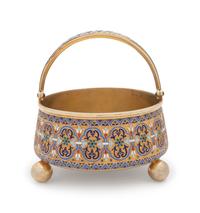 A Russian Silver-Gilt and Enameled Sugar Bowl, Tongs and Scoop