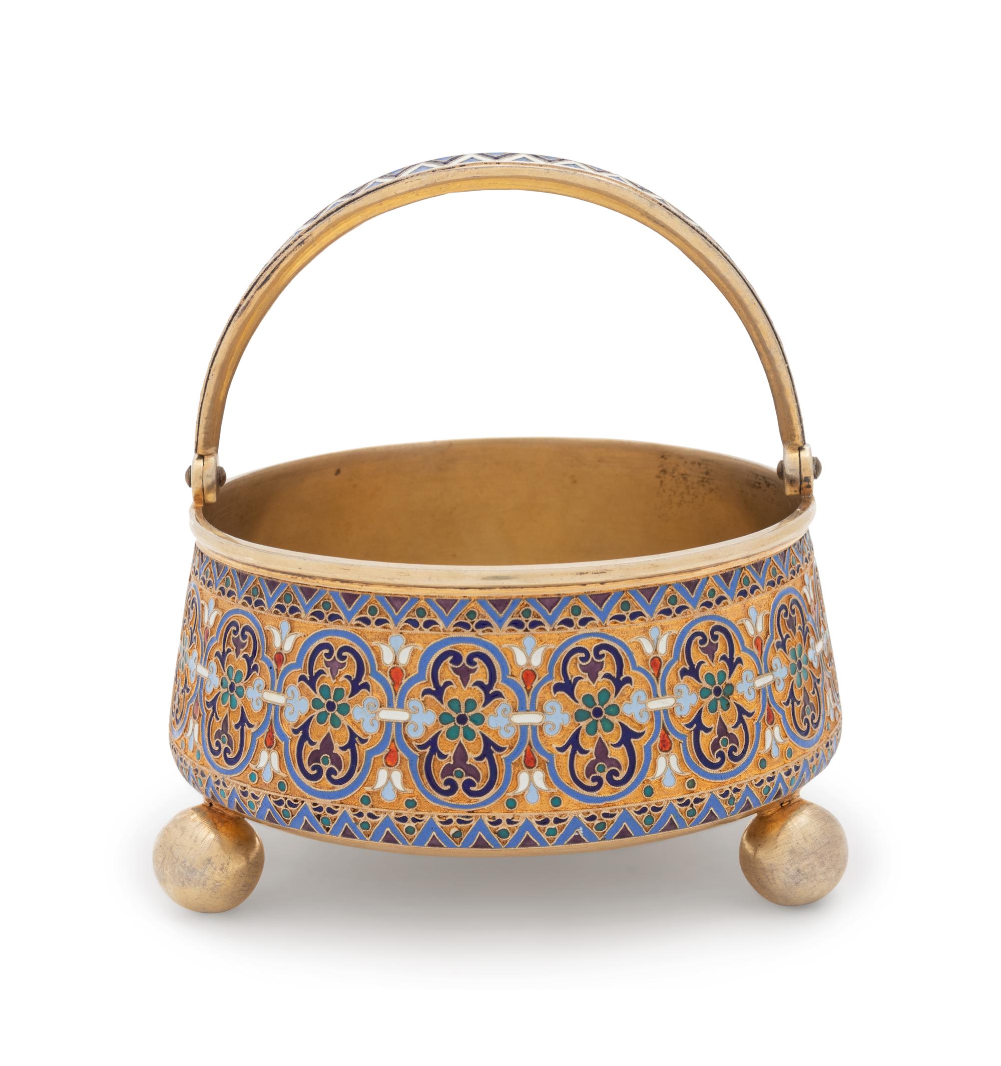 A Russian Silver-Gilt and Enameled Sugar Bowl, Tongs and Scoop