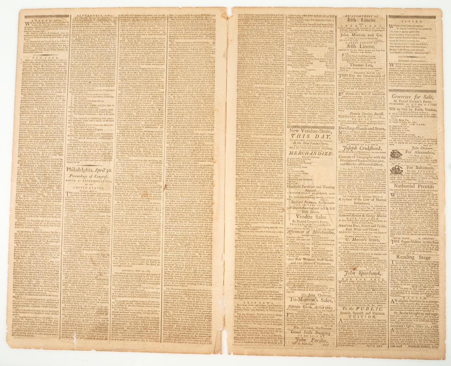 [WASHINGTON, George (1732-1799)]. The Pennsylvania Packet, and Daily Advertiser . No. 3197. Philadelphia: John Dunlap and David C. Claypoole, 30 April 1789.