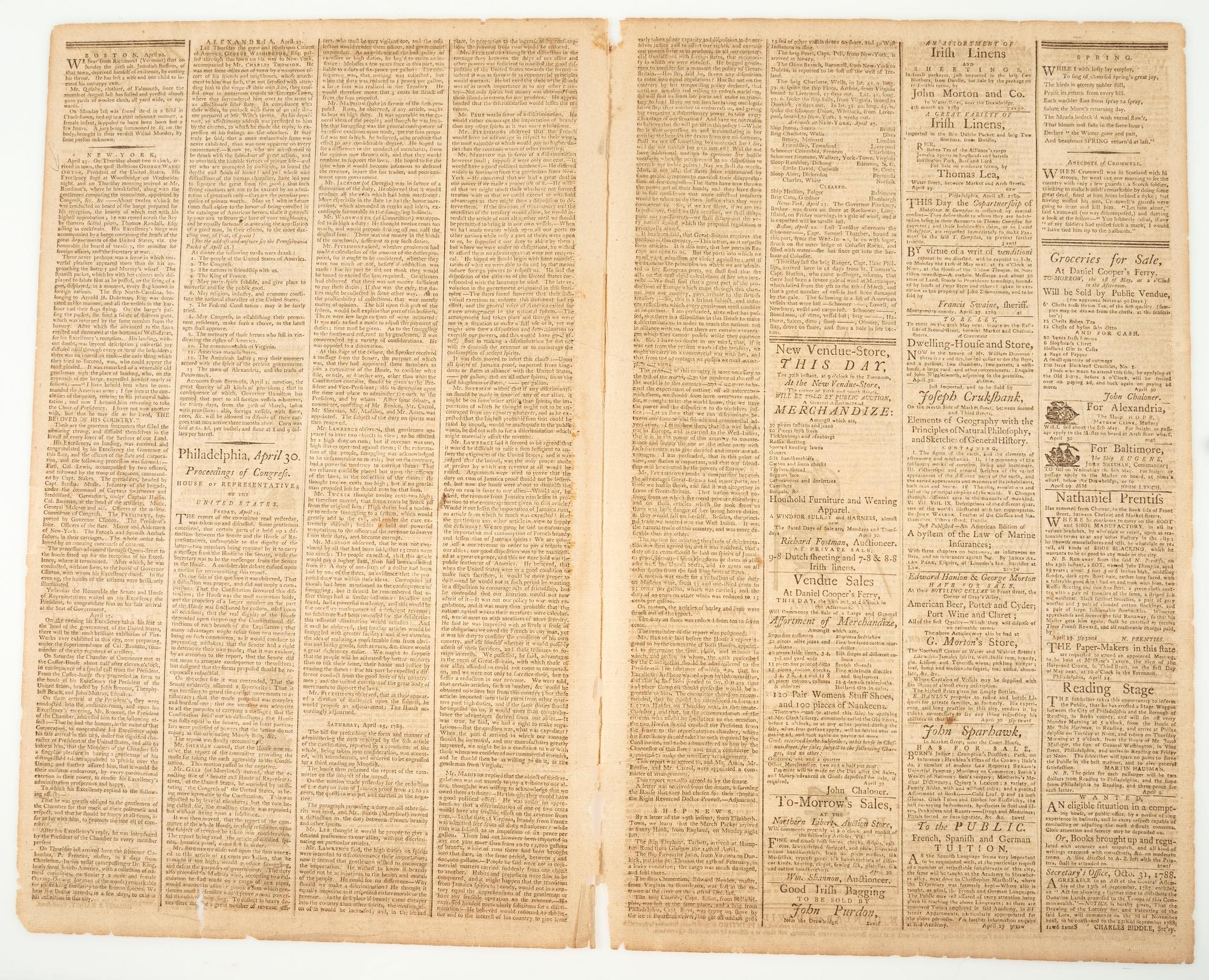 [WASHINGTON, George (1732-1799)]. The Pennsylvania Packet, and Daily Advertiser . No. 3197. Philadelphia: John Dunlap and David C. Claypoole, 30 April 1789.