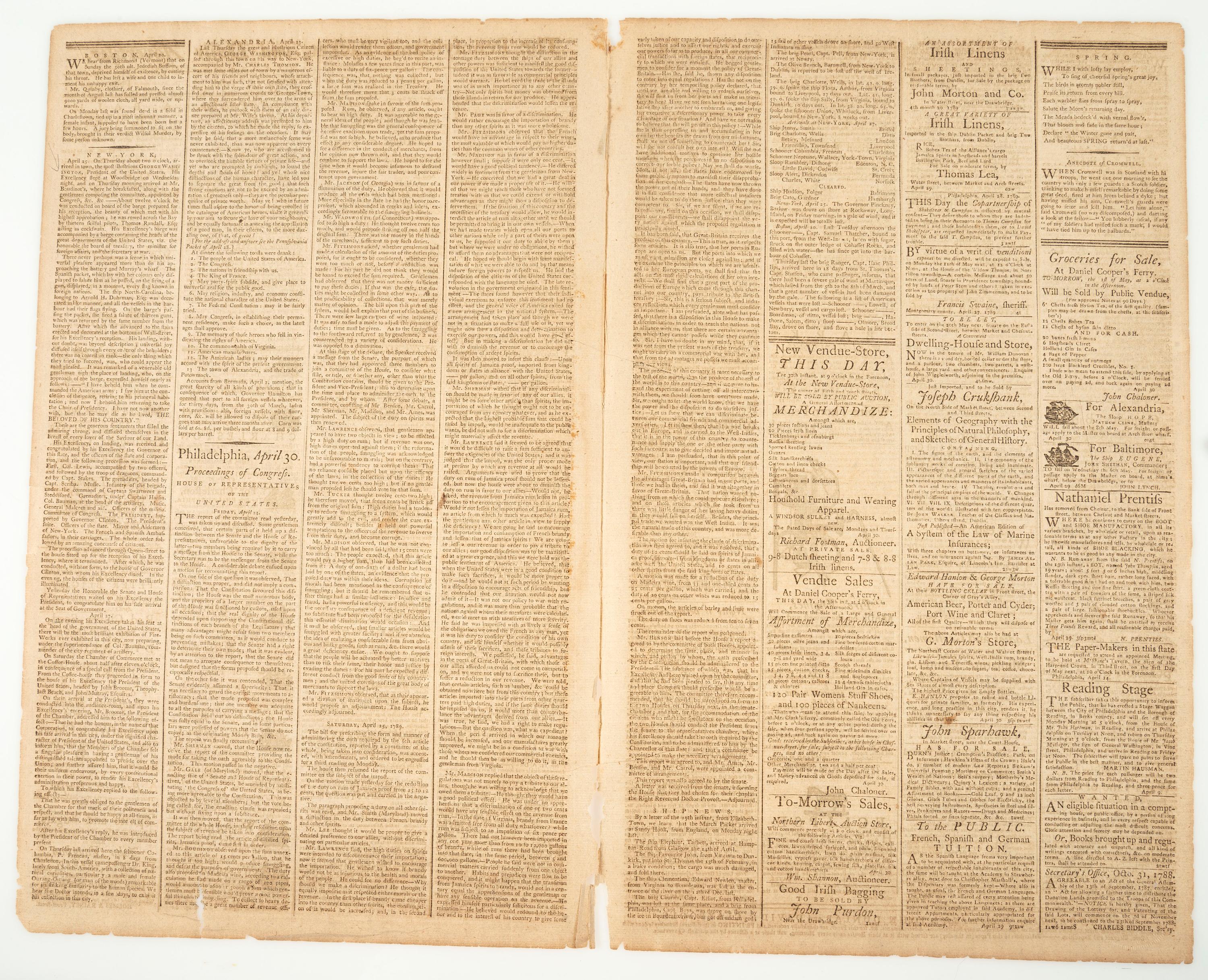 [WASHINGTON, George (1732-1799)]. The Pennsylvania Packet, and Daily Advertiser . No. 3197. Philadelphia: John Dunlap and David C. Claypoole, 30 April 1789.