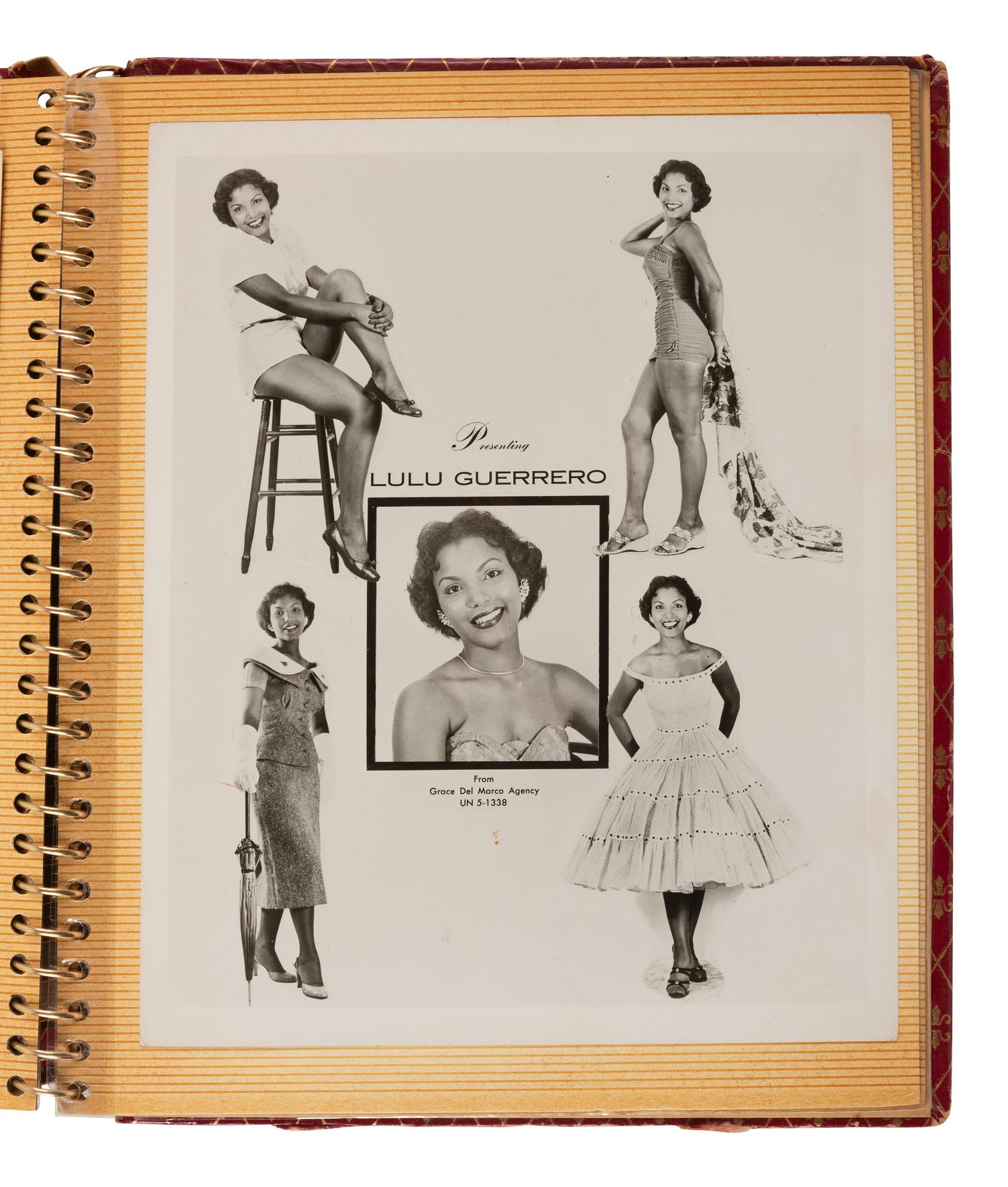 [EARLY PHOTOGRAPHY]. Photograph album containing modeling portraits and headshots of African American men and women incl. Trudy Daniels Haynes and Mexican actress Lourdes "Lulu" Guerrero. Ca 1950s-1960s.