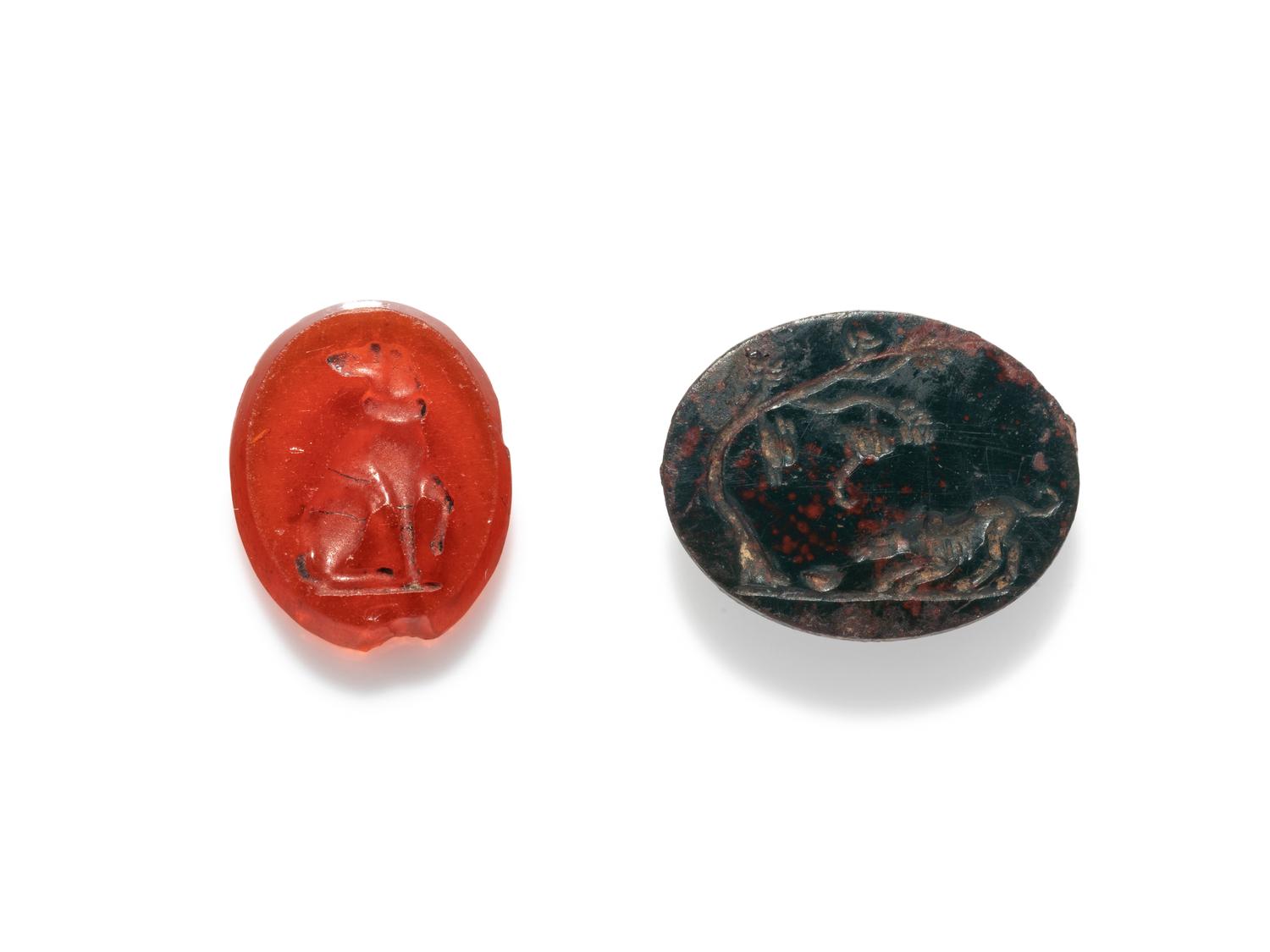 Two Roman Bloodstone and Carnelian Ringstones with Dogs