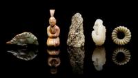 A Group of Six Archaistic Jade Toggles Diameter of bowl 5 inches.