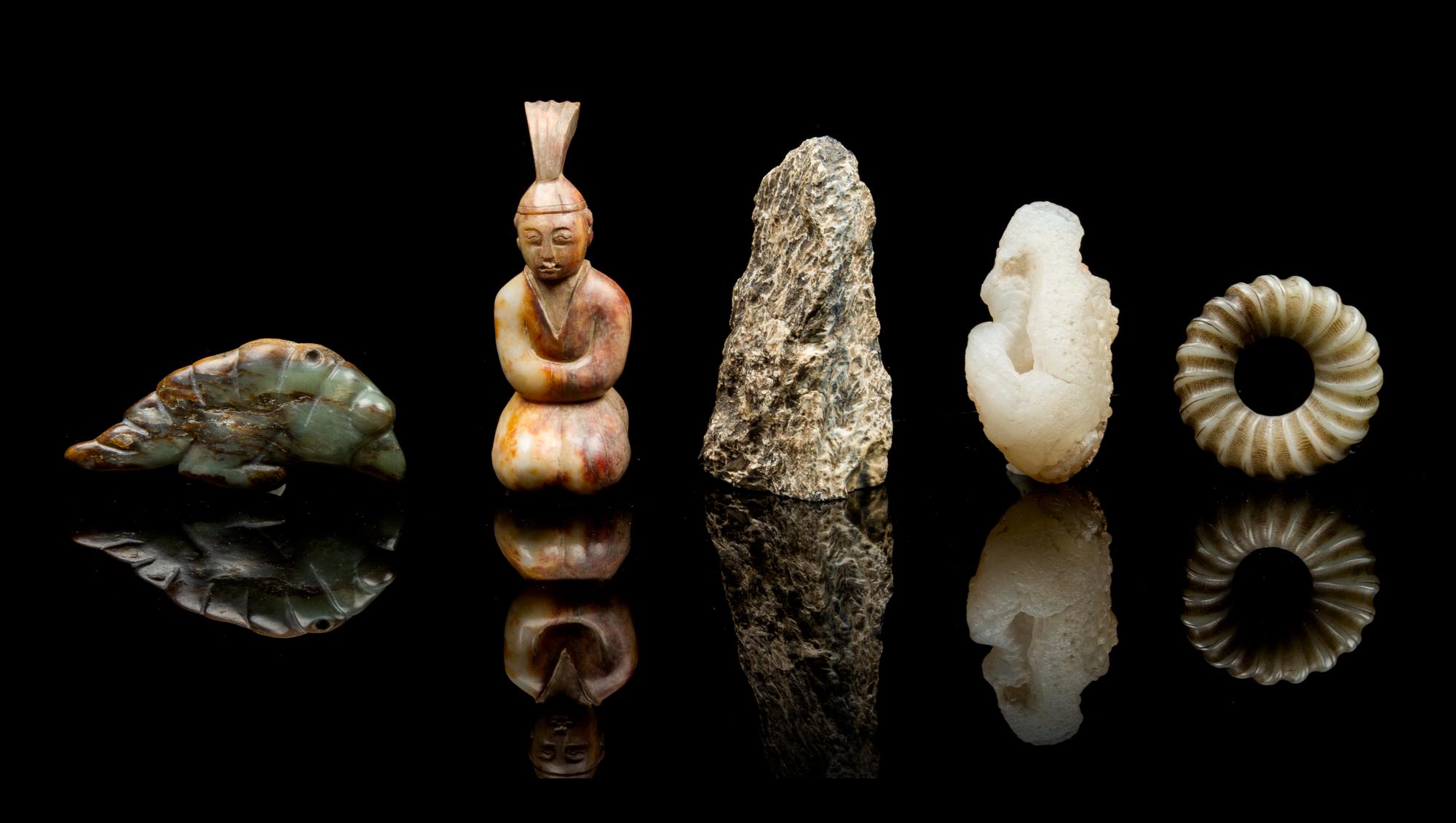 A Group of Six Archaistic Jade Toggles Diameter of bowl 5 inches.