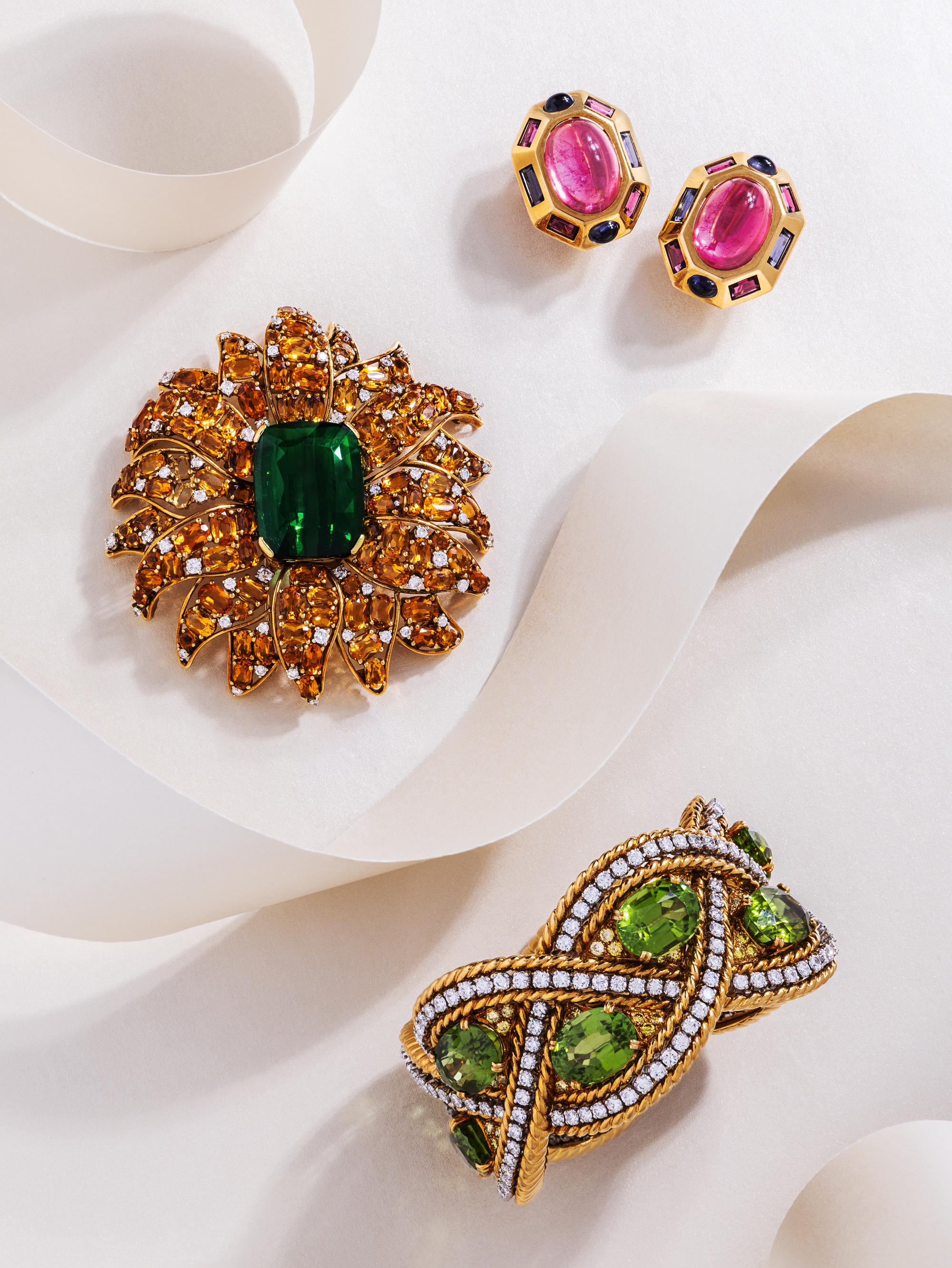Verdura, Green Tourmaline, Citrine, and Diamond Flower Brooch