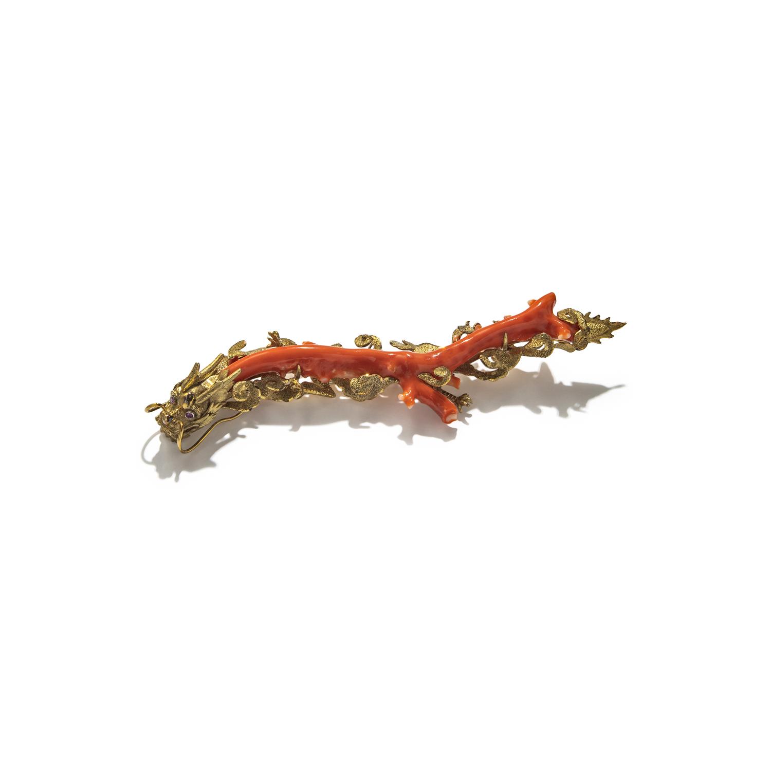 CORAL BRANCH AND YELLOW GOLD DRAGON BROOCH