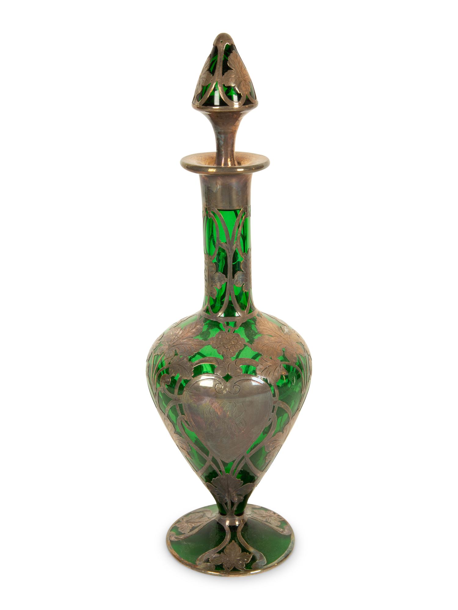 An American Silver Overlaid Green Glass Decanter