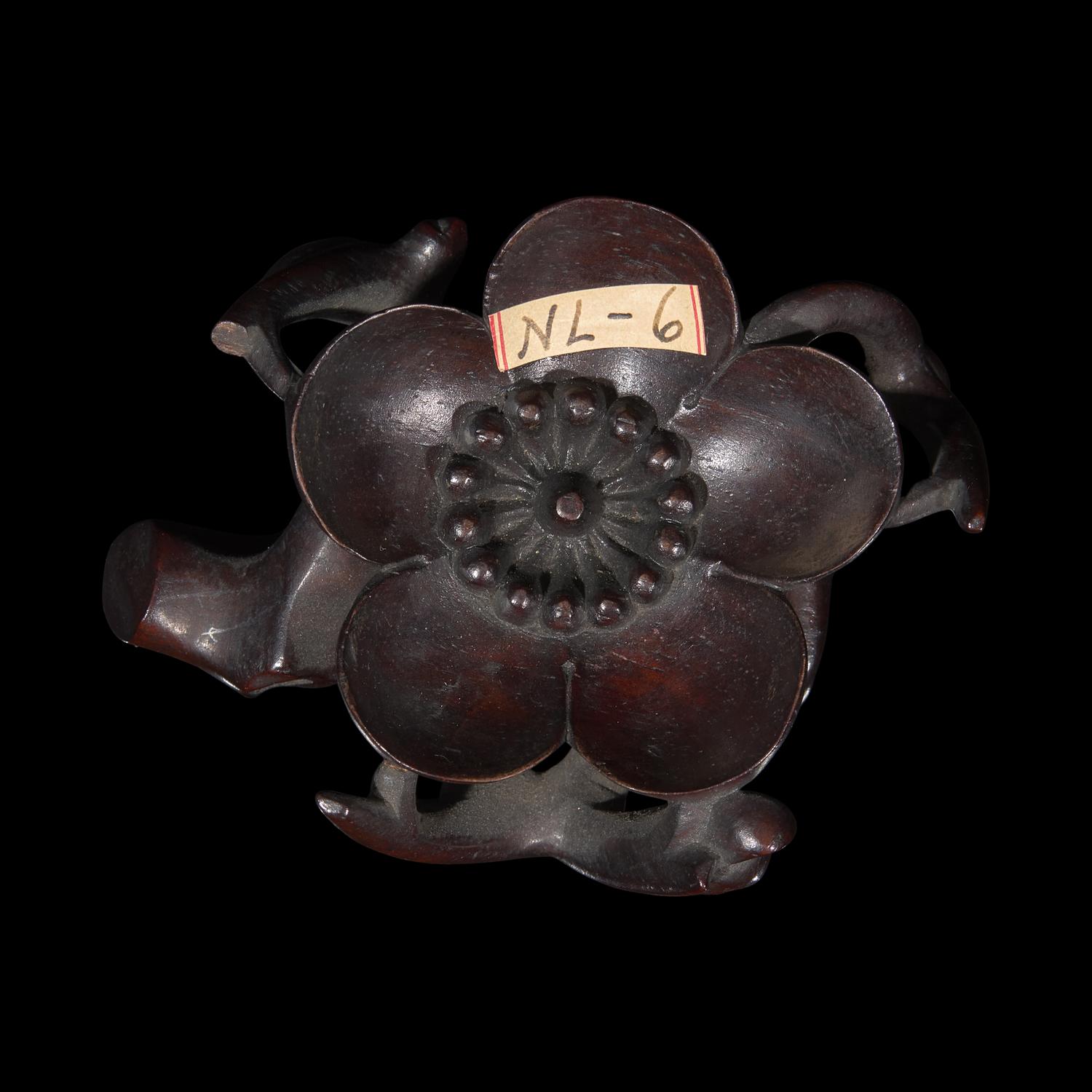 A Rare Yixing 'Prunus Blossom' Coupe with Impressed Seal 'Mingyuan', and Wood Stand 陳鳴遠款朱泥紫砂梅花杯