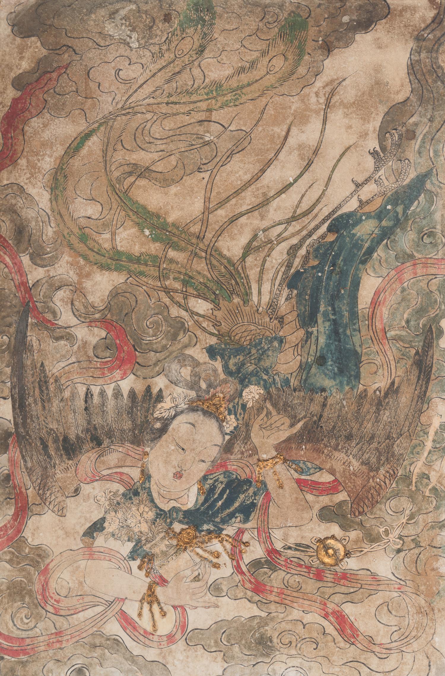 A Chinese Polychrome and Gilt Decorated Fragment of a Taoist Stucco Fresco, Possibly Yuan/Ming Dynasty 或為元/明 瀝粉貼金彩繪迦陵频伽壁畫