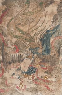 A Chinese Polychrome and Gilt Decorated Fragment of a Taoist Stucco Fresco, Possibly Yuan/Ming Dynasty 或為元/明 瀝粉貼金彩繪迦陵频伽壁畫