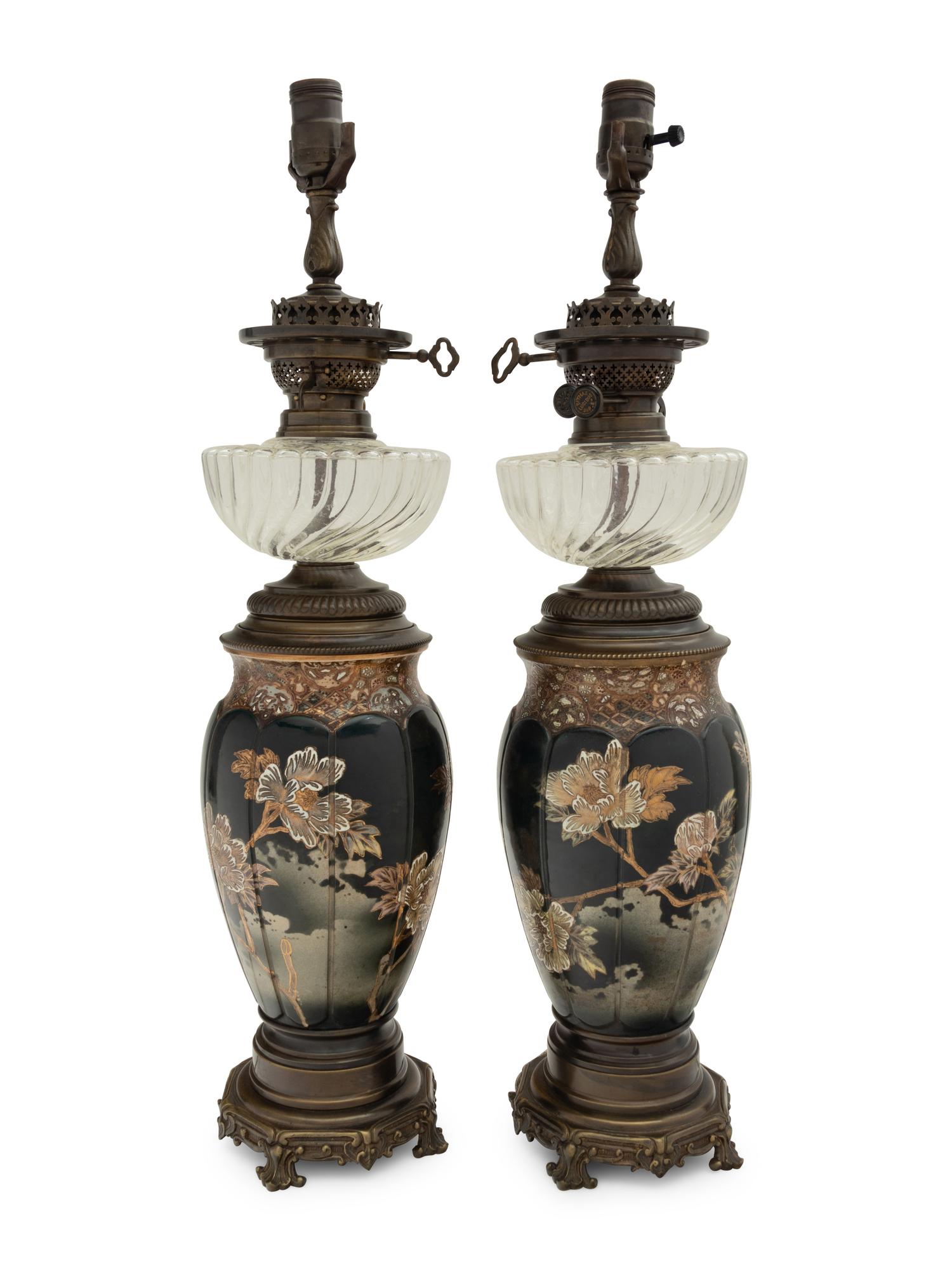 A Pair of Japanese or Continental Porcelain Fluid Lamps Converted to Electricity