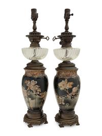 A Pair of Japanese or Continental Porcelain Fluid Lamps Converted to Electricity