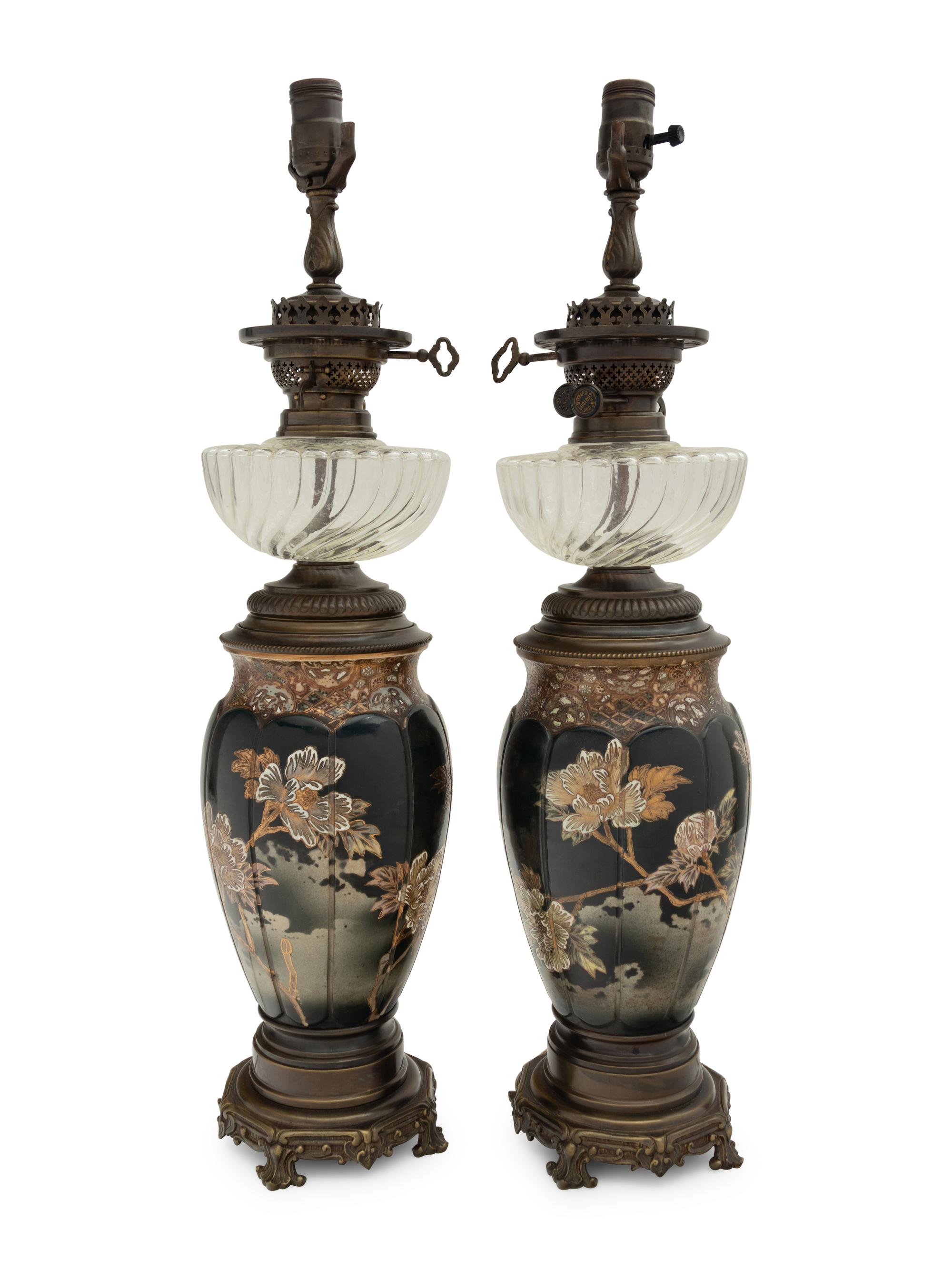 A Pair of Japanese or Continental Porcelain Fluid Lamps Converted to Electricity
